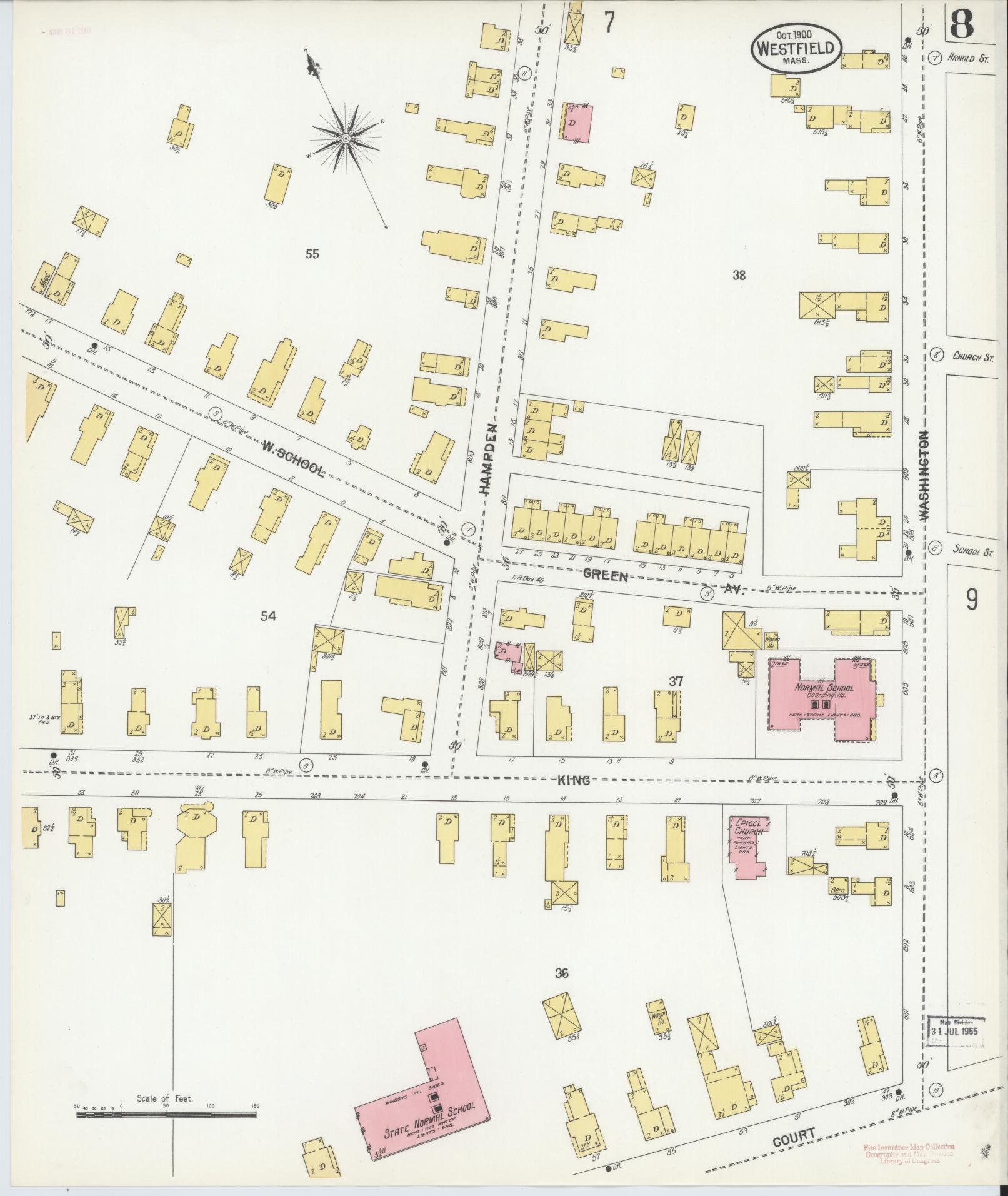 Sanborn Fire Insurance Map from Westfield, Hampden County, Massachusetts (1900), Sheet #0008 - Historic Sanborn Fire Insurance Map Print, vintage old map wall art, antique decor, genealogy gift, Massachusetts Massachusetts map