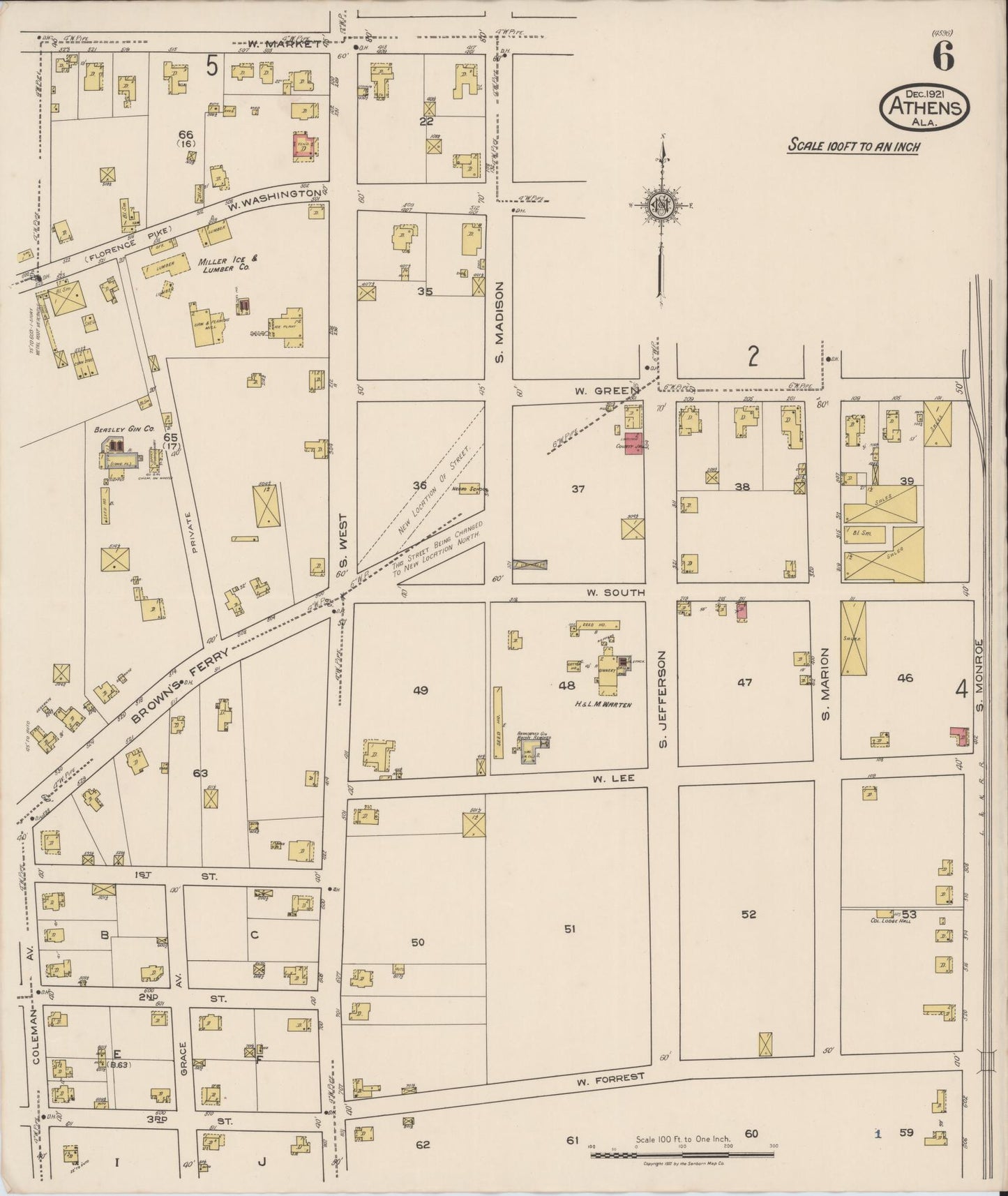 Sanborn Fire Insurance Map from Athens, Limestone County, Alabama (1921), Sheet #0006 - Historic Sanborn Fire Insurance Map Print, vintage old map wall art, antique decor, genealogy gift, Alabama Alabama map