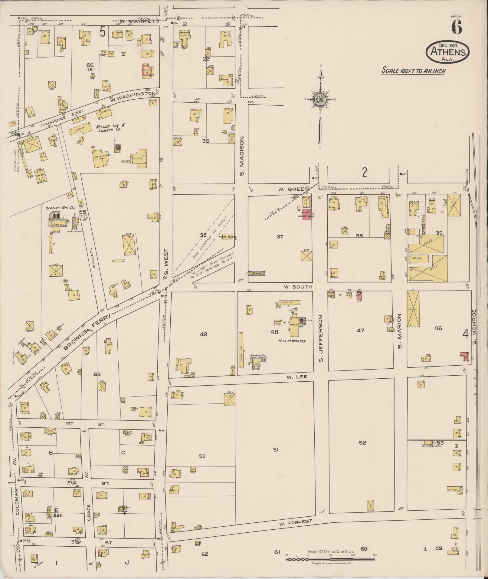Sanborn Fire Insurance Map from Athens, Limestone County, Alabama (1921), Sheet #0006 - Historic Sanborn Fire Insurance Map Print, vintage old map wall art, antique decor, genealogy gift, Alabama Alabama map