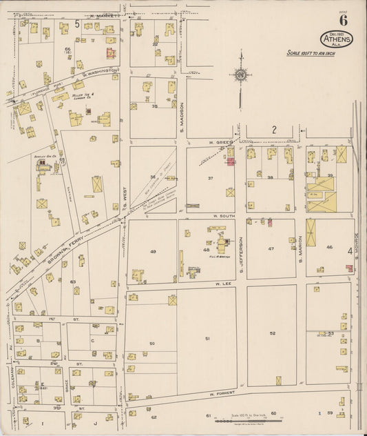 Sanborn Fire Insurance Map from Athens, Limestone County, Alabama (1921), Sheet #0006 - Historic Sanborn Fire Insurance Map Print, vintage old map wall art, antique decor, genealogy gift, Alabama Alabama map