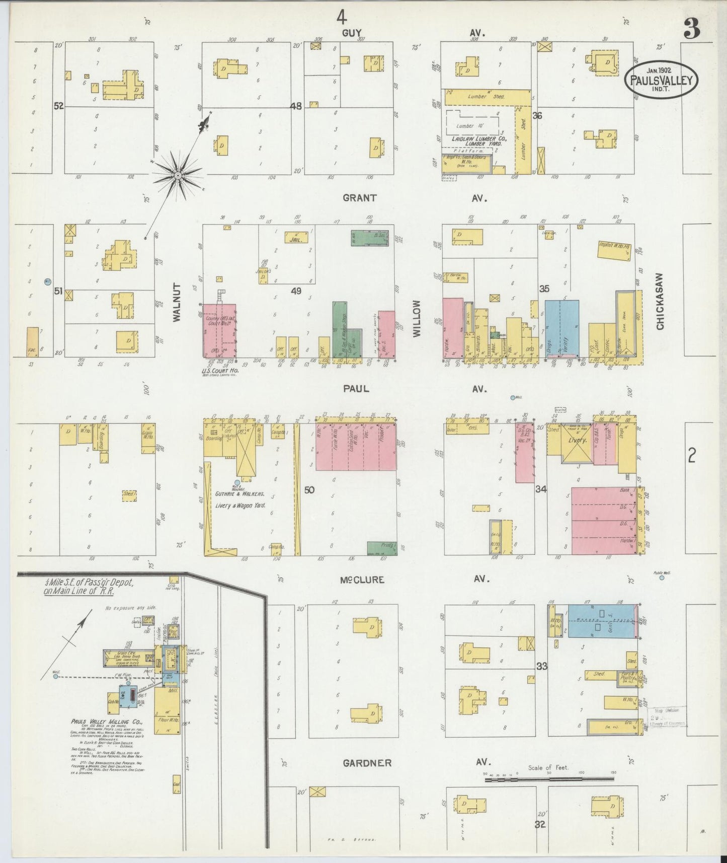Sanborn Fire Insurance Map from Pauls Valley, Garvin County, Oklahoma (1902), Sheet #0003 - Historic Sanborn Fire Insurance Map Print, vintage old map wall art, antique decor, genealogy gift, Oklahoma Oklahoma map