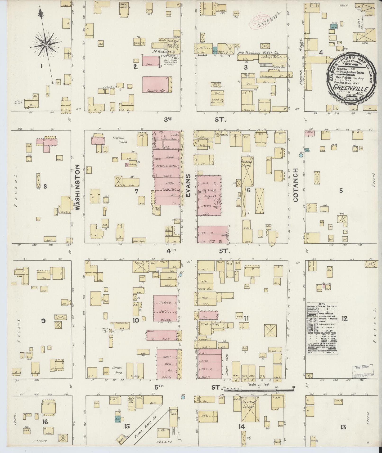 Sanborn Fire Insurance Map from Greenville, Pitt County, North Carolina (1891), Sheet #0001 - Historic Sanborn Fire Insurance Map Print, vintage old map wall art, antique decor, genealogy gift, North Carolina North Carolina map