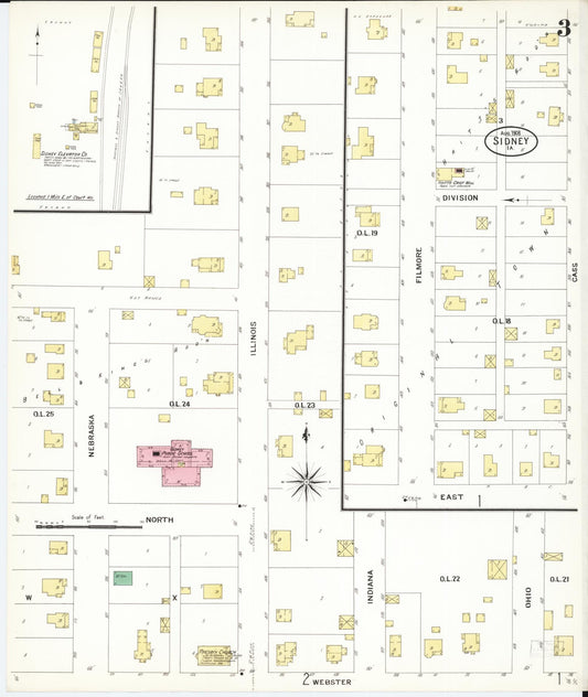 Sanborn Fire Insurance Map from Sidney, Fremont County, Iowa (1908), Sheet #0003 - Historic Sanborn Fire Insurance Map Print, vintage old map wall art