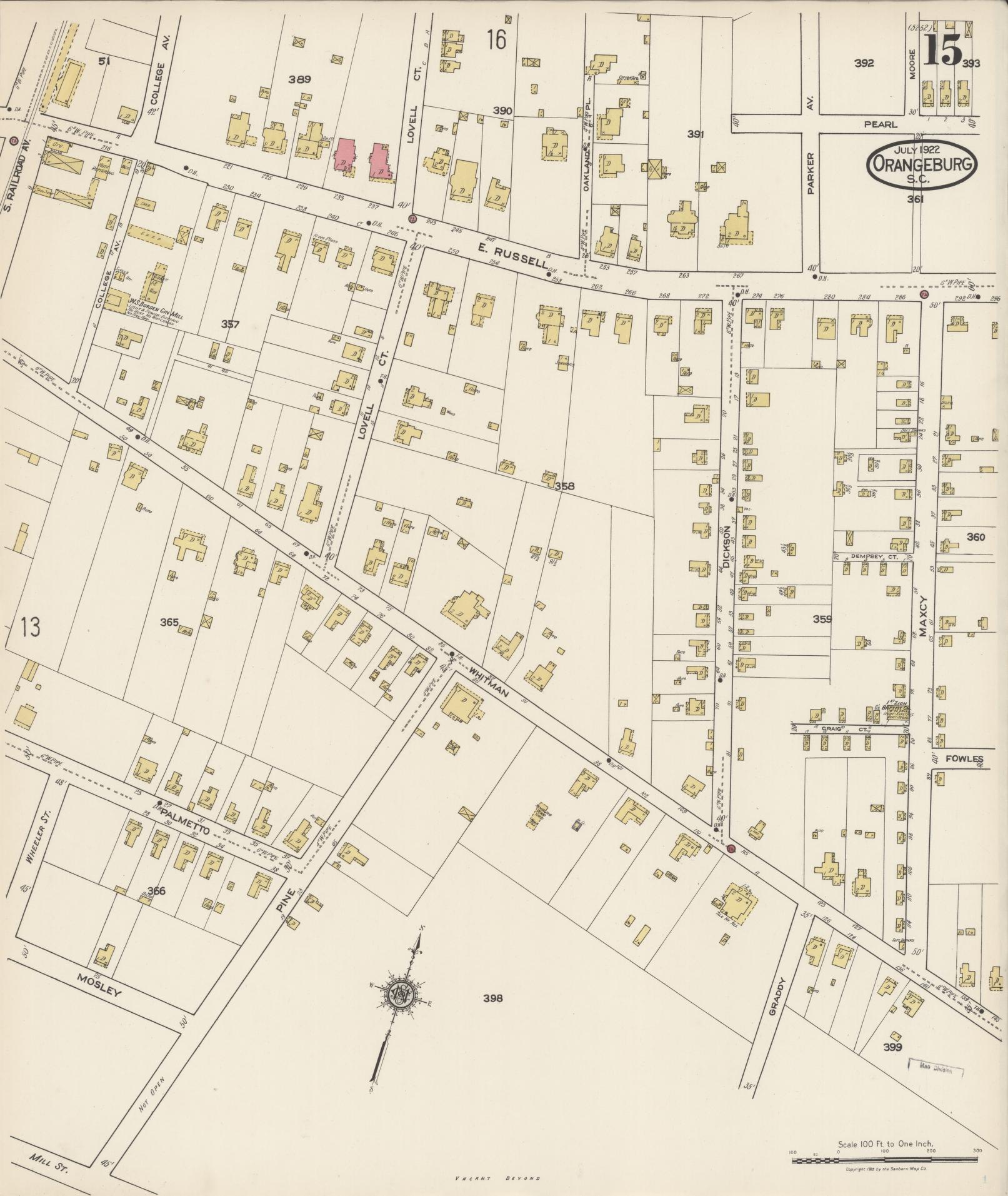 Sanborn Fire Insurance Map from Orangeburg, Orangeburg County, South Carolina (1922), Sheet #0015 - Historic Sanborn Fire Insurance Map Print, vintage old map wall art, antique decor, genealogy gift, South Carolina South Carolina map