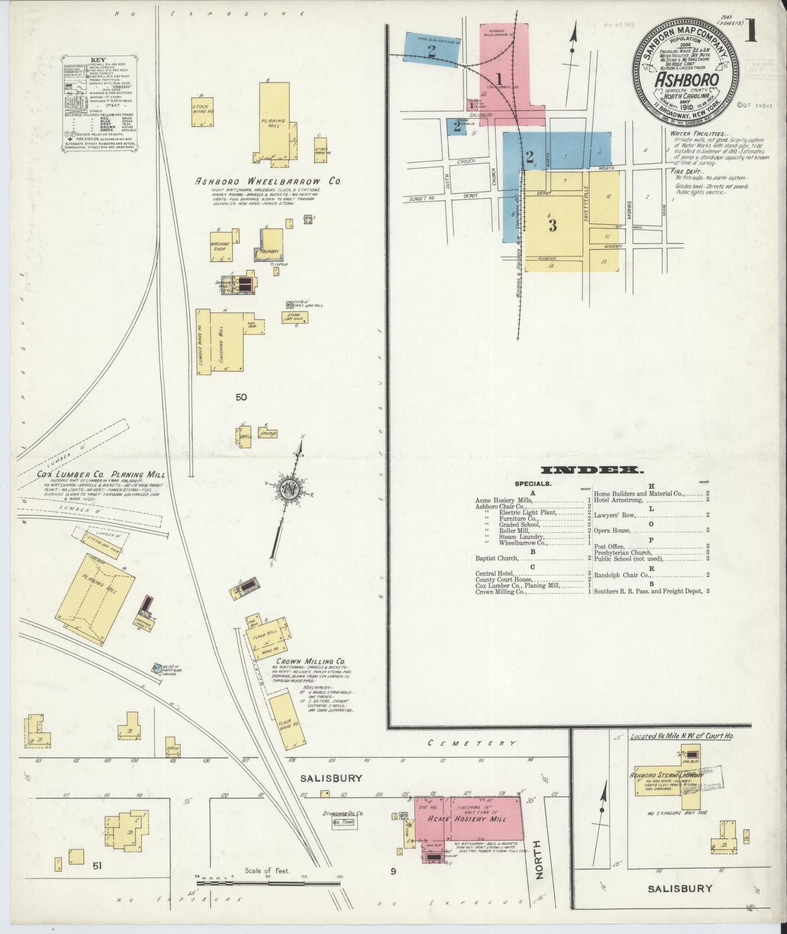 Sanborn Fire Insurance Map from Asheboro, Randolph County, North Carolina (1910), Sheet #0001 - Complete Map Set gallery image, historic Sanborn map, vintage wall art, North Carolina North Carolina
