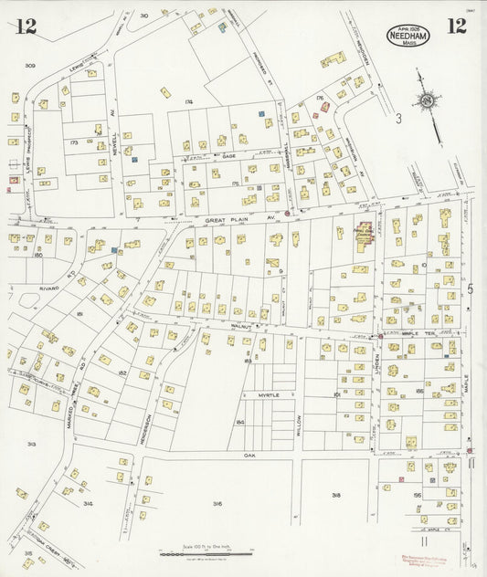 Sanborn Fire Insurance Map from Needham, Norfolk County, Massachusetts (1926), Sheet #0012 - Historic Sanborn Fire Insurance Map Print, vintage old map wall art, antique decor, genealogy gift, Massachusetts Massachusetts map