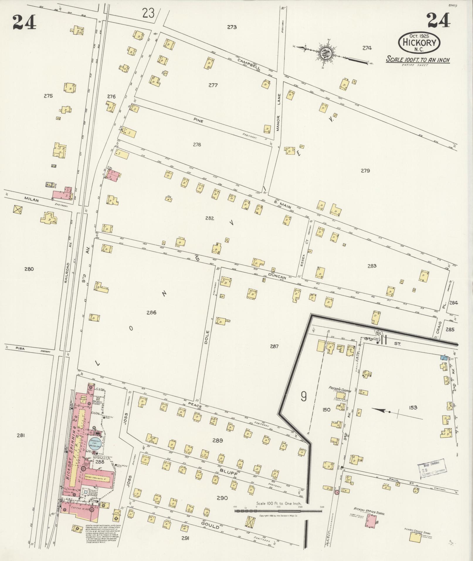 Sanborn Fire Insurance Map from Hickory, Catawba County, North Carolina (1925), Sheet #0024 - Historic Sanborn Fire Insurance Map Print, vintage old map wall art, antique decor, genealogy gift, North Carolina North Carolina map