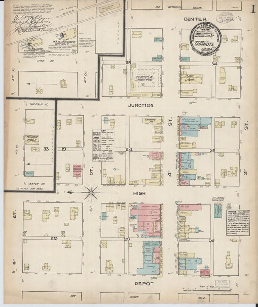 Sanborn Fire Insurance Map from Chanute, Neosho County, Kansas (1884), Sheet #0001 - Historic Sanborn Fire Insurance Map Print, vintage old map wall art, antique decor, genealogy gift, Kansas Kansas map