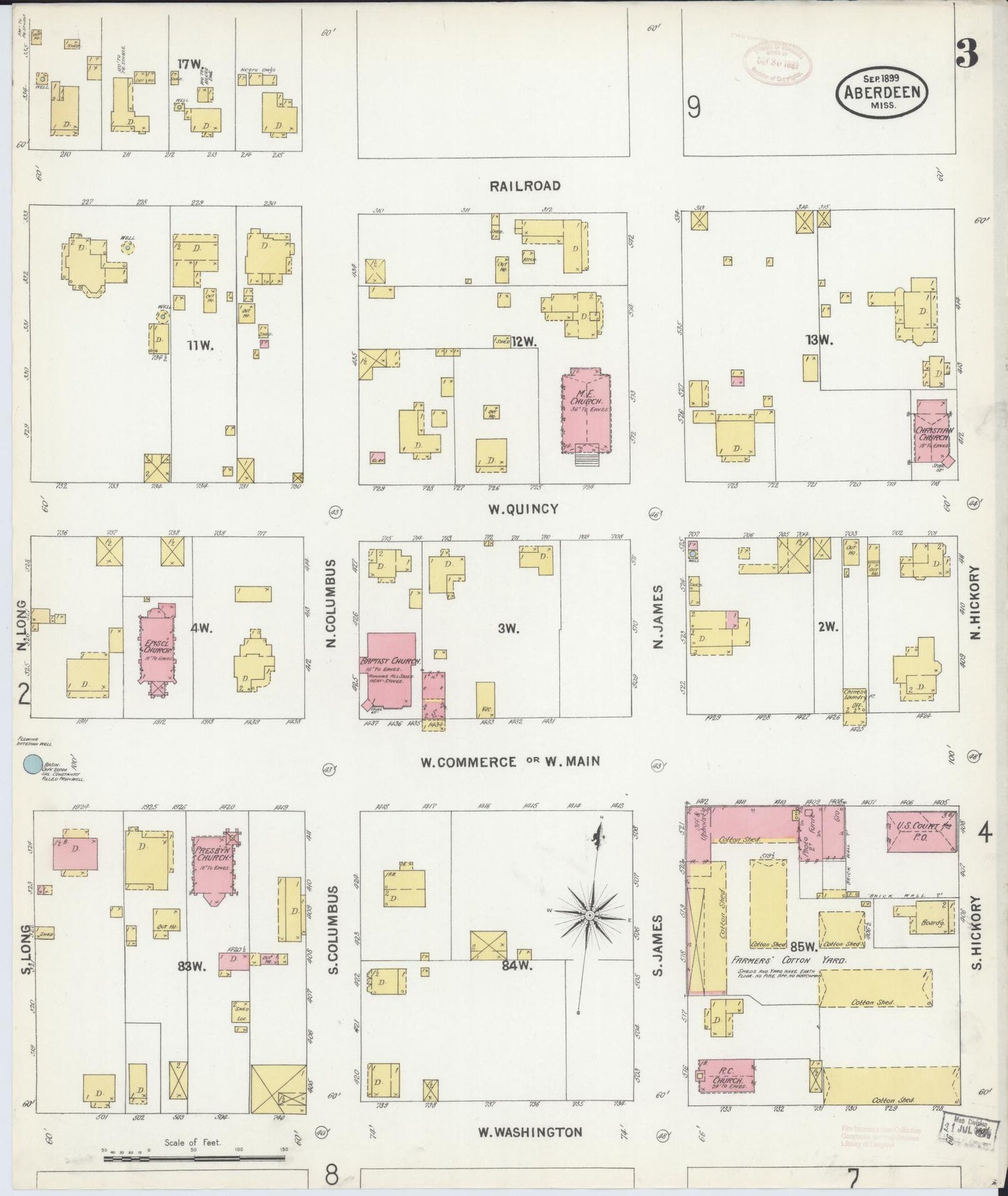 Sanborn Fire Insurance Map from Aberdeen, Monroe County, Mississippi (1899), Sheet #0003 - Complete Map Set gallery image, historic Sanborn map, vintage wall art, Mississippi Mississippi