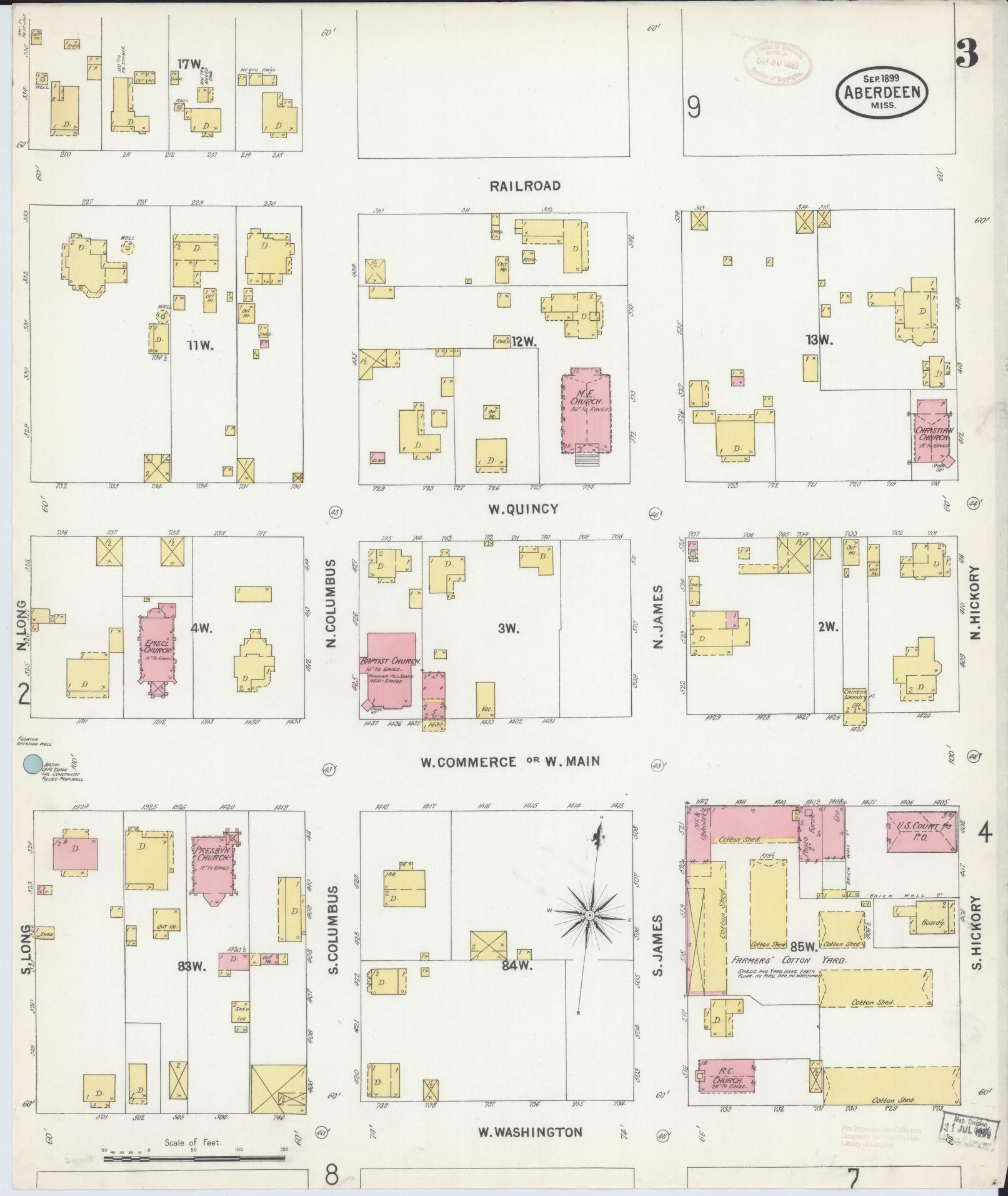 Sanborn Fire Insurance Map from Aberdeen, Monroe County, Mississippi (1899), Sheet #0003 - Complete Map Set gallery image, historic Sanborn map, vintage wall art, Mississippi Mississippi