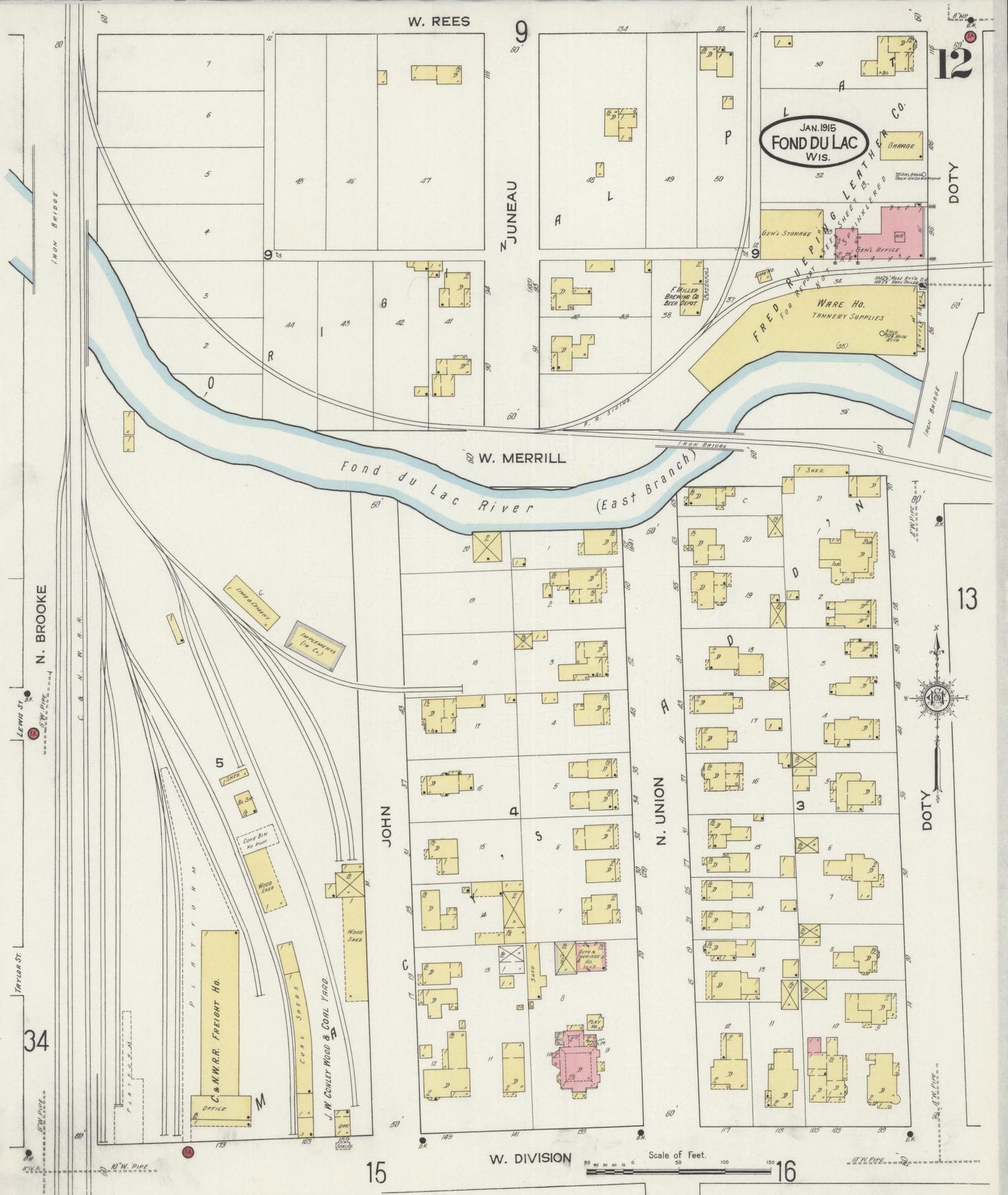 Sanborn Fire Insurance Map from Fond du Lac, Fond du Lac County, Wisconsin (1915), Sheet #0012 - Historic Sanborn Fire Insurance Map Print, vintage old map wall art, antique decor, genealogy gift, Wisconsin Wisconsin map