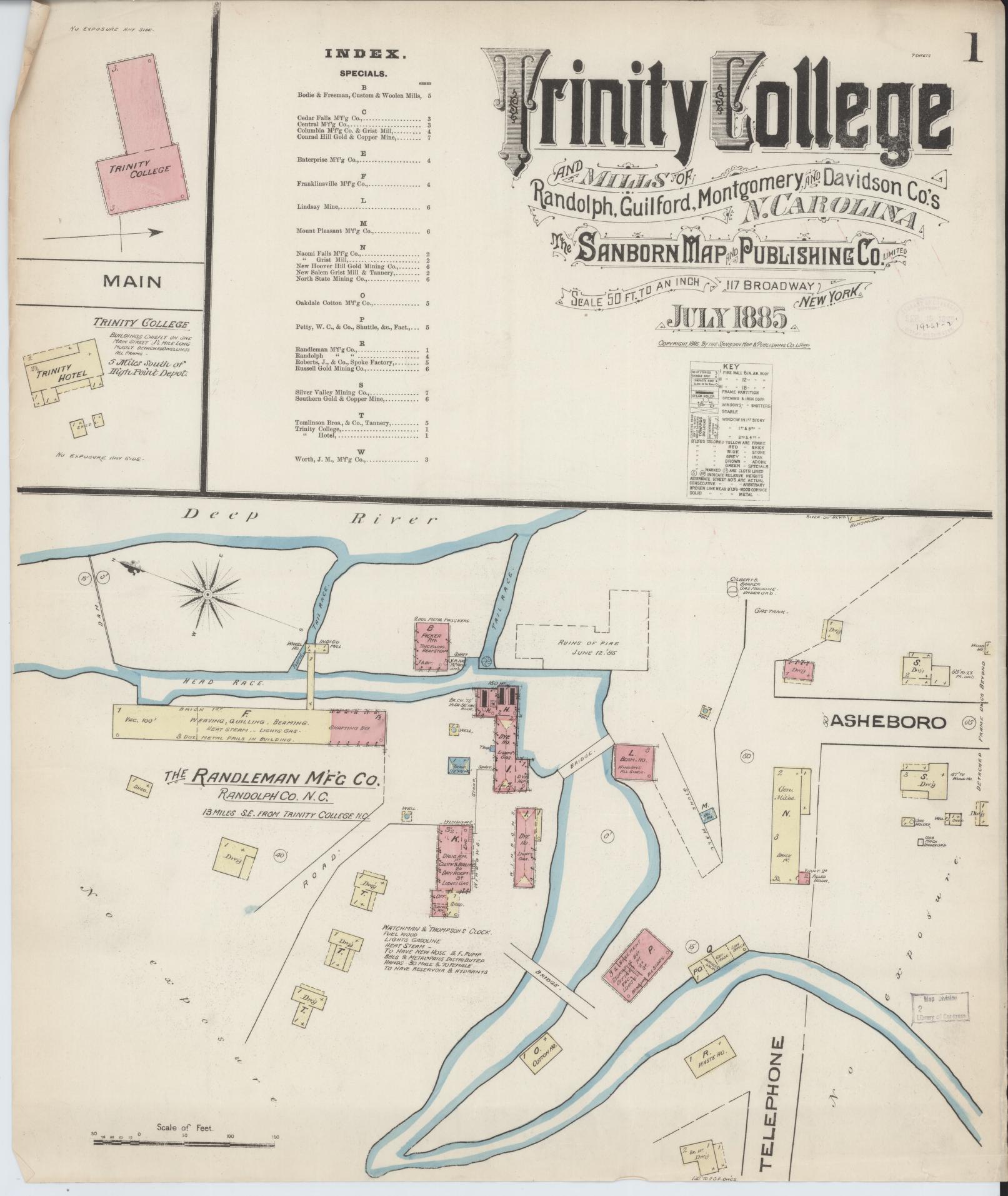 Sanborn Fire Insurance Map from Trinity College, Randolph County, North Carolina (1885), Sheet #0001 - Historic Sanborn Fire Insurance Map Print, vintage old map wall art, antique decor, genealogy gift, North Carolina North Carolina map