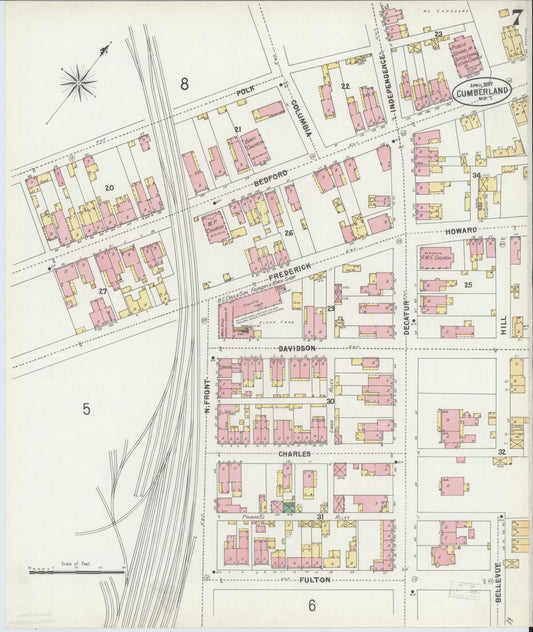 Sanborn Fire Insurance Map from Cumberland, Allegany County, Maryland (1897), Sheet #0007 - Historic Sanborn Fire Insurance Map Print, vintage old map wall art, antique decor, genealogy gift, Maryland Maryland map
