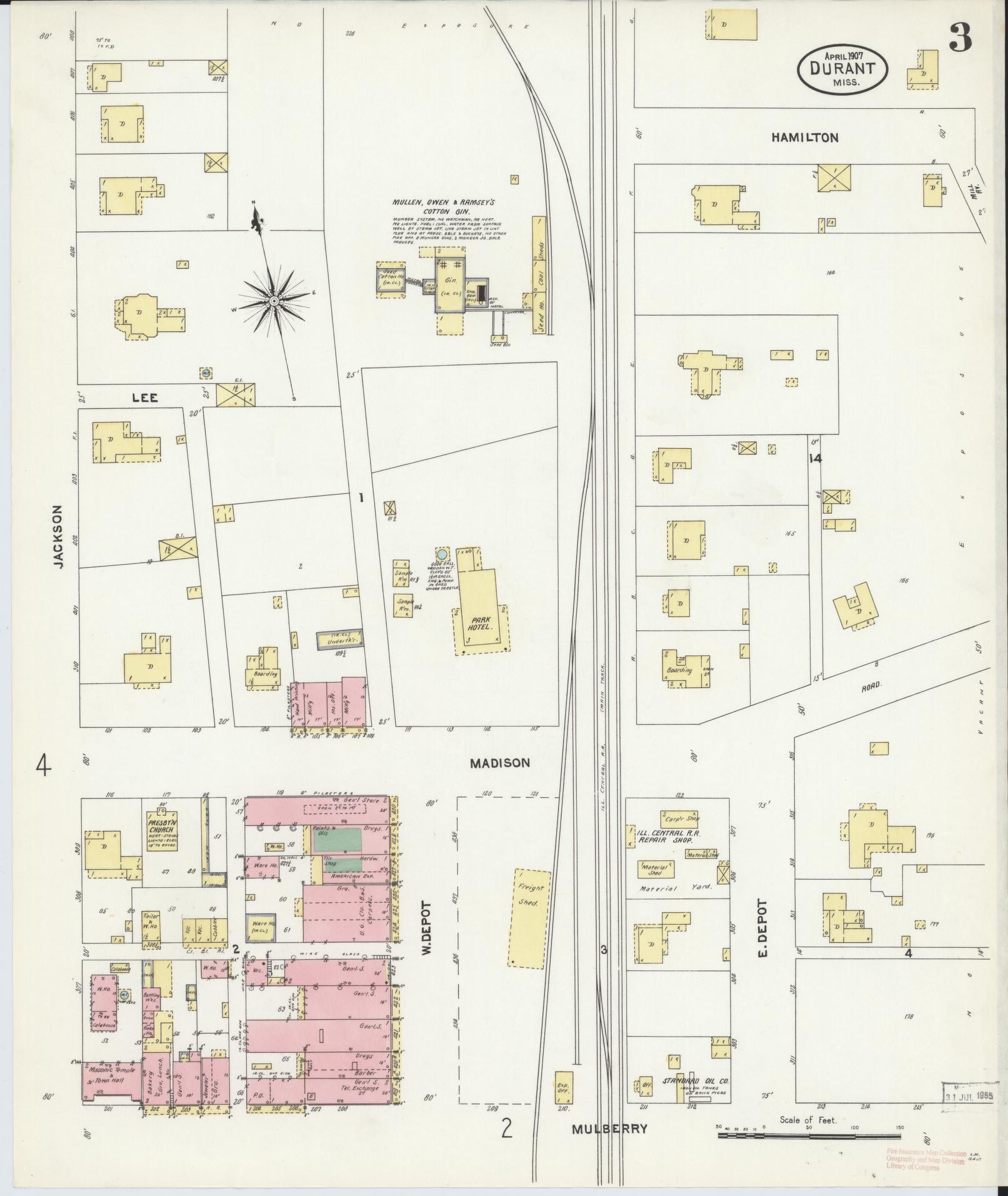 Sanborn Fire Insurance Map from Durant, Holmes County, Mississippi (1907), Sheet #0003 - Complete Map Set gallery image, historic Sanborn map, vintage wall art, Mississippi Mississippi