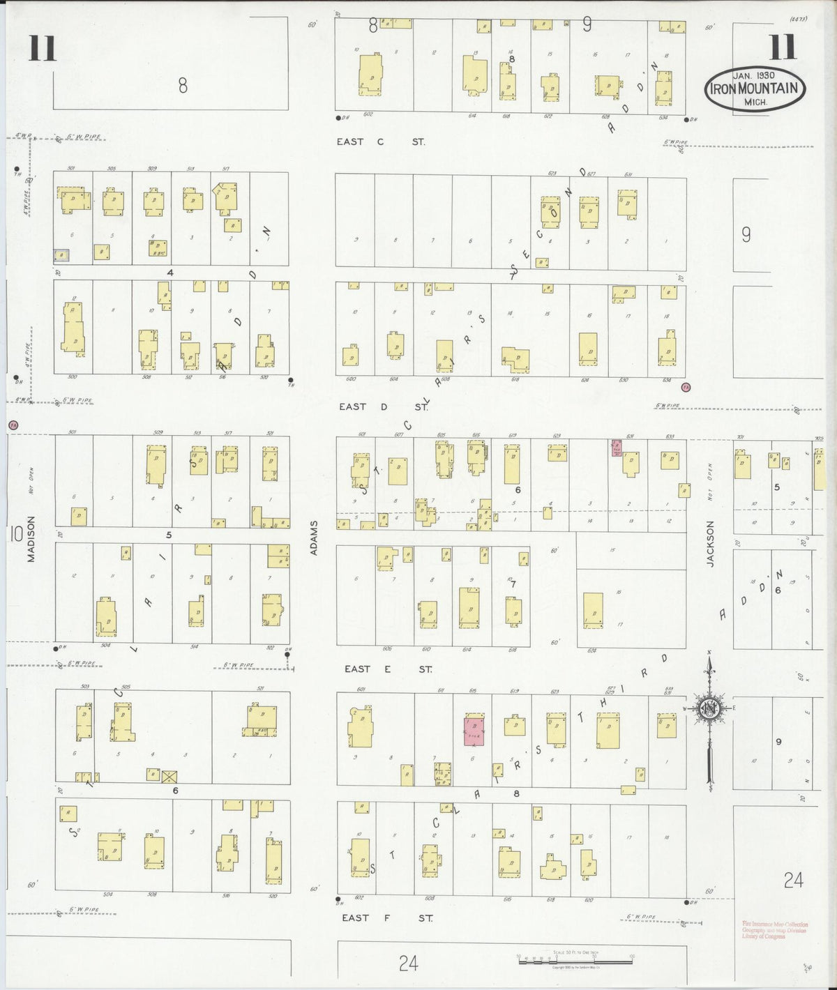 Sanborn Fire Insurance Map from Iron Mountain, Dickinson County, Michigan (1930), Sheet #0011 - Historic Sanborn Fire Insurance Map Print, vintage old map wall art, antique decor, genealogy gift, Michigan Michigan map