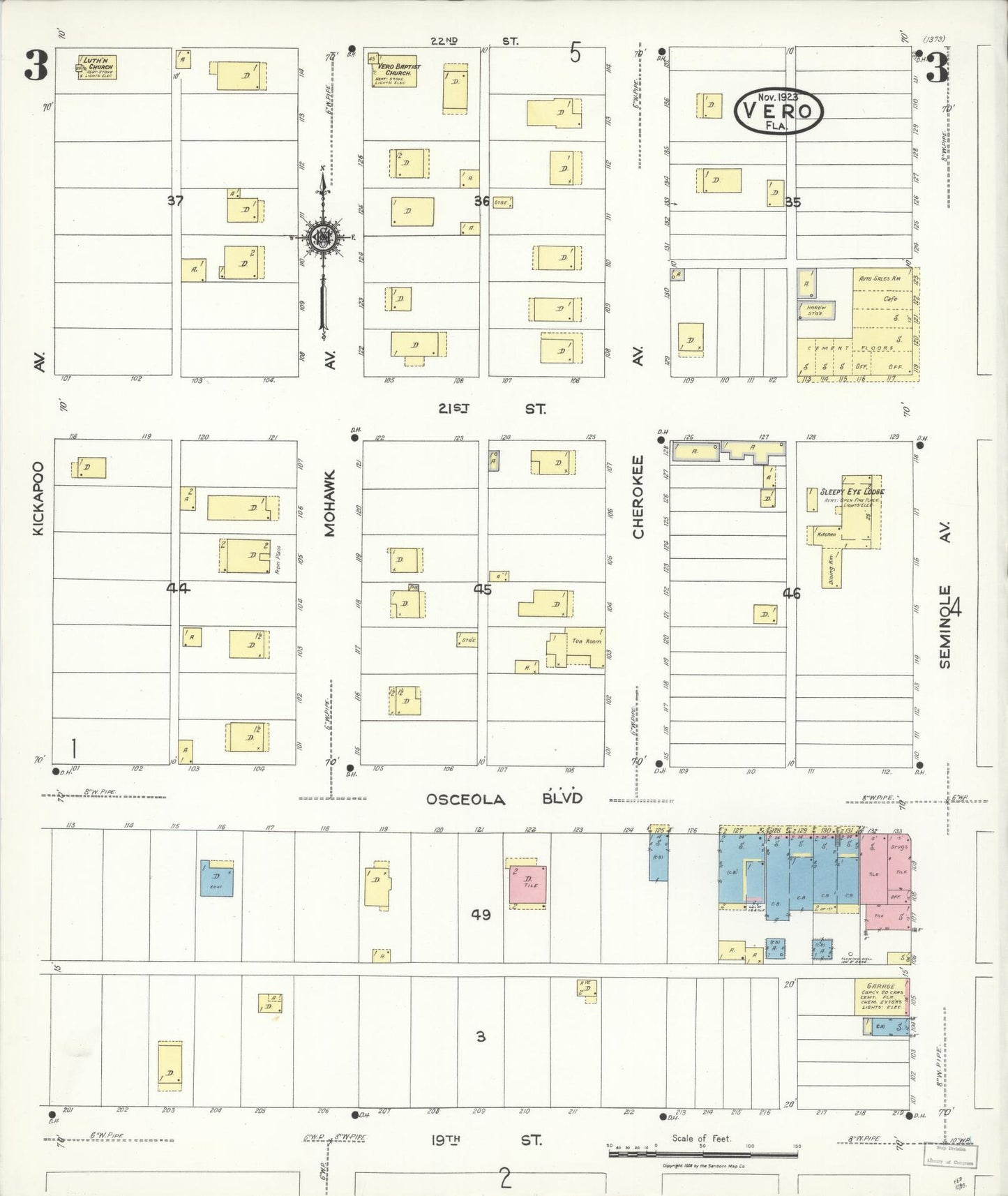 Sanborn Fire Insurance Map from Vero Beach, Indian River County, Florida (1923), Sheet #0003 - Historic Sanborn Fire Insurance Map Print, vintage old map wall art, antique decor, genealogy gift, Florida Florida map
