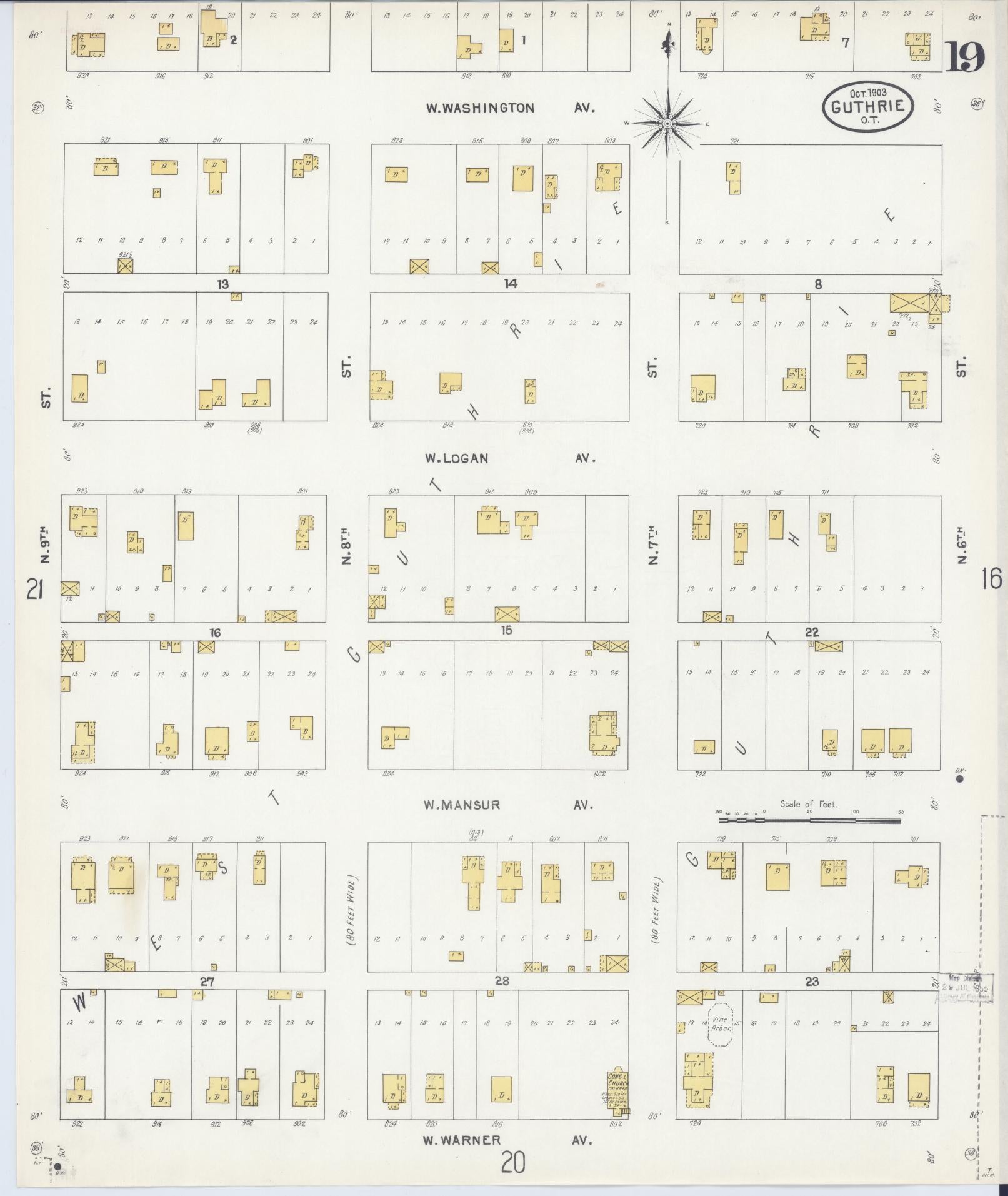 Sanborn Fire Insurance Map from Guthrie, Logain County, Oklahoma (1903), Sheet #0019 - Historic Sanborn Fire Insurance Map Print, vintage old map wall art, antique decor, genealogy gift, Oklahoma Oklahoma map