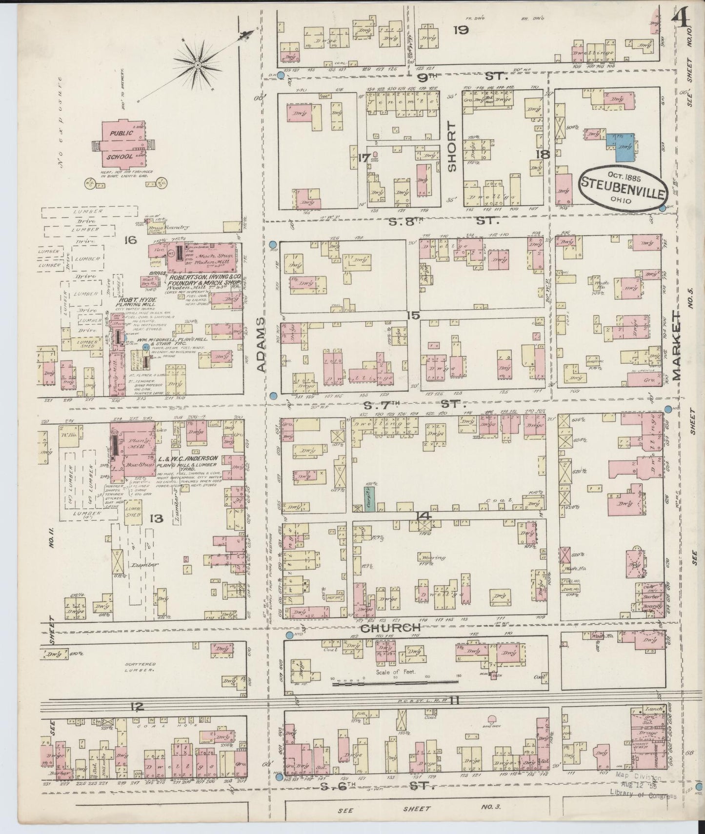 Sanborn Fire Insurance Map from Steubenville, Jefferson County, Ohio (1885), Sheet #0004 - Historic Sanborn Fire Insurance Map Print, vintage old map wall art, antique decor, genealogy gift, Ohio Ohio map