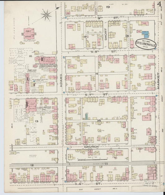 Sanborn Fire Insurance Map from Steubenville, Jefferson County, Ohio (1885), Sheet #0004 - Historic Sanborn Fire Insurance Map Print, vintage old map wall art, antique decor, genealogy gift, Ohio Ohio map