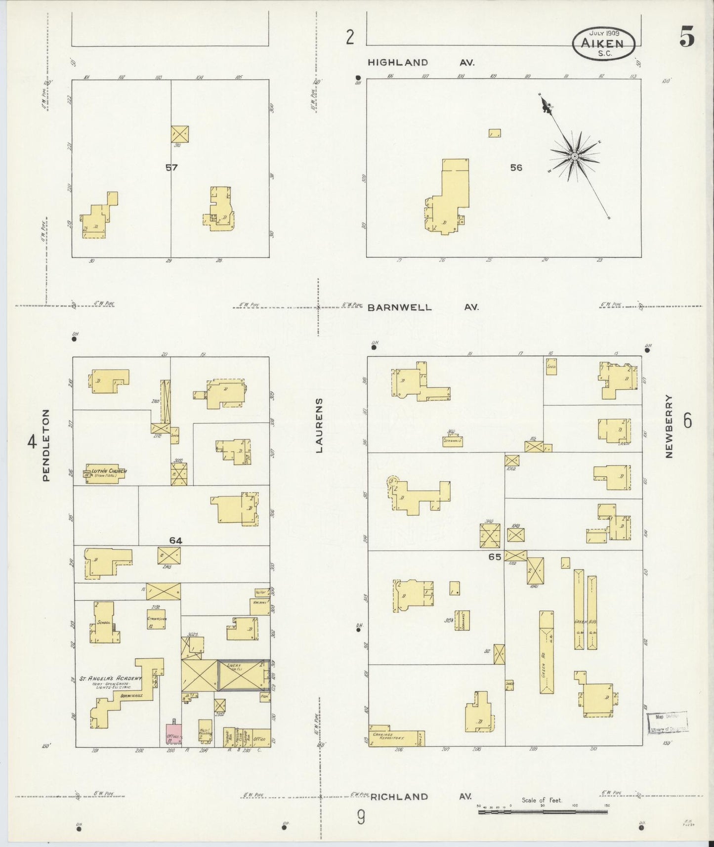 Sanborn Fire Insurance Map from Aiken, Aiken County, South Carolina (1909), Sheet #0005 - Historic Sanborn Fire Insurance Map Print, vintage old map wall art, antique decor, genealogy gift, South Carolina South Carolina map