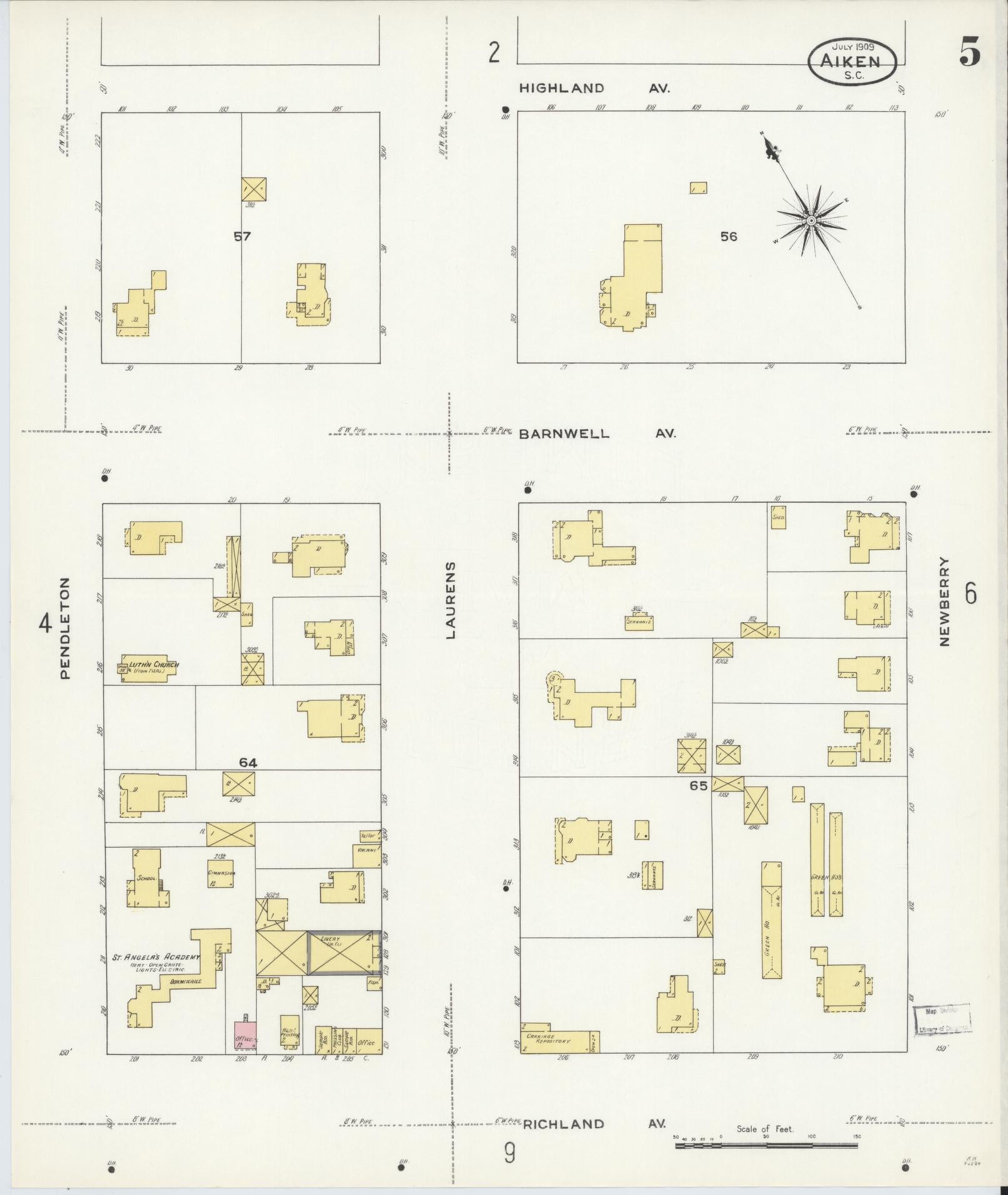 Sanborn Fire Insurance Map from Aiken, Aiken County, South Carolina (1909), Sheet #0005 - Historic Sanborn Fire Insurance Map Print, vintage old map wall art, antique decor, genealogy gift, South Carolina South Carolina map