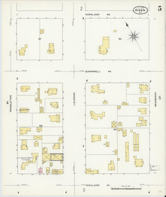 Sanborn Fire Insurance Map from Aiken, Aiken County, South Carolina (1909), Sheet #0005 - Historic Sanborn Fire Insurance Map Print, vintage old map wall art, antique decor, genealogy gift, South Carolina South Carolina map