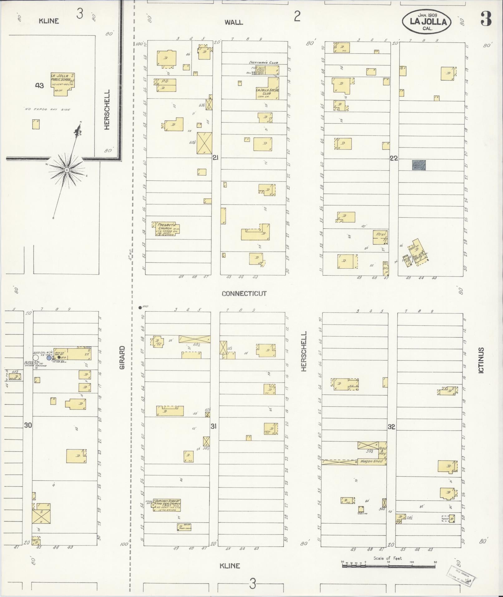 Sanborn Fire Insurance Map from La Jolla, San Diego County, California (1909), Sheet #0003 - Historic Sanborn Fire Insurance Map Print, vintage old map wall art, antique decor, genealogy gift, California California map