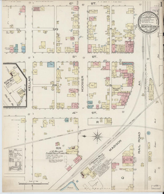 Sanborn Fire Insurance Map from North Vernon, Jennings County, Indiana (1886), Sheet #0001 - Historic Sanborn Fire Insurance Map Print, vintage old map wall art, antique decor, genealogy gift, Indiana Indiana map
