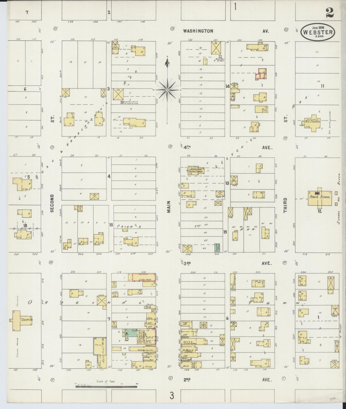 Sanborn Fire Insurance Map from Webster, Day County, South Dakota (1898), Sheet #0002 - Complete Map Set gallery image, historic Sanborn map, vintage wall art, South Dakota South Dakota