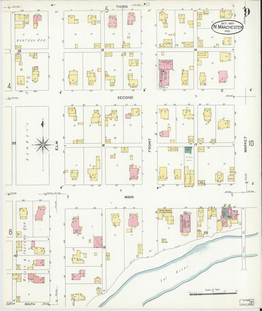 Sanborn Fire Insurance Map from North Manchester, Wabash County, Indiana (1907), Sheet #0009 - Historic Sanborn Fire Insurance Map Print, vintage old map wall art, antique decor, genealogy gift, Indiana Indiana map