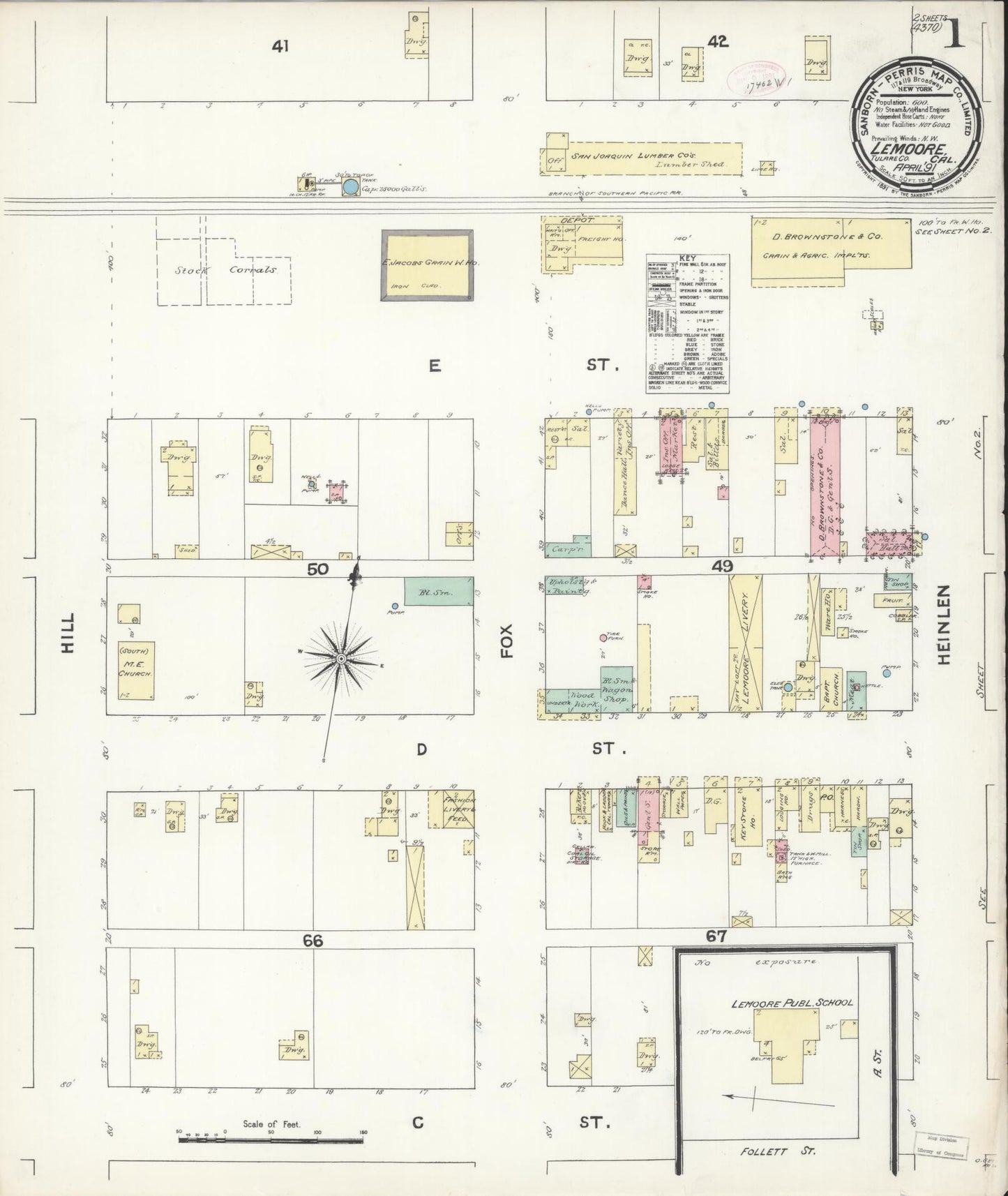 Sanborn Fire Insurance Map from Lemoore, Kings County, California (1891), Sheet #0001 - Historic Sanborn Fire Insurance Map Print, vintage old map wall art, antique decor, genealogy gift, California California map