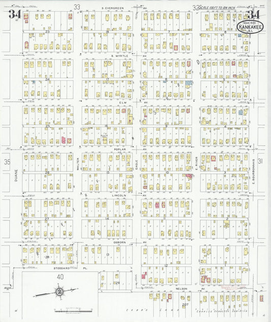 Sanborn Fire Insurance Map from Kankakee, Kankakee County, Illinois (1930), Sheet #0034 - Historic Sanborn Fire Insurance Map Print, vintage old map wall art, antique decor, genealogy gift, Illinois Illinois map