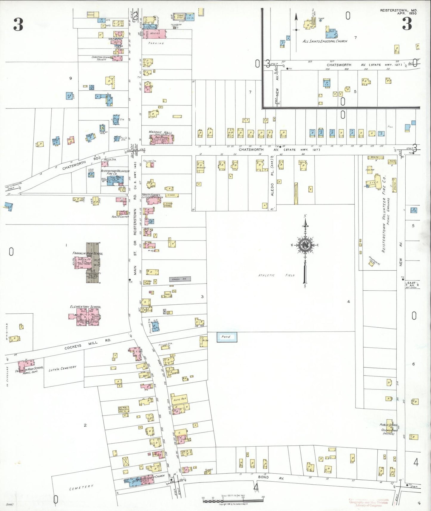 Sanborn Fire Insurance Map from Reisterstown, Baltimore County, Maryland (1950), Sheet #0003 - Historic Sanborn Fire Insurance Map Print, vintage old map wall art