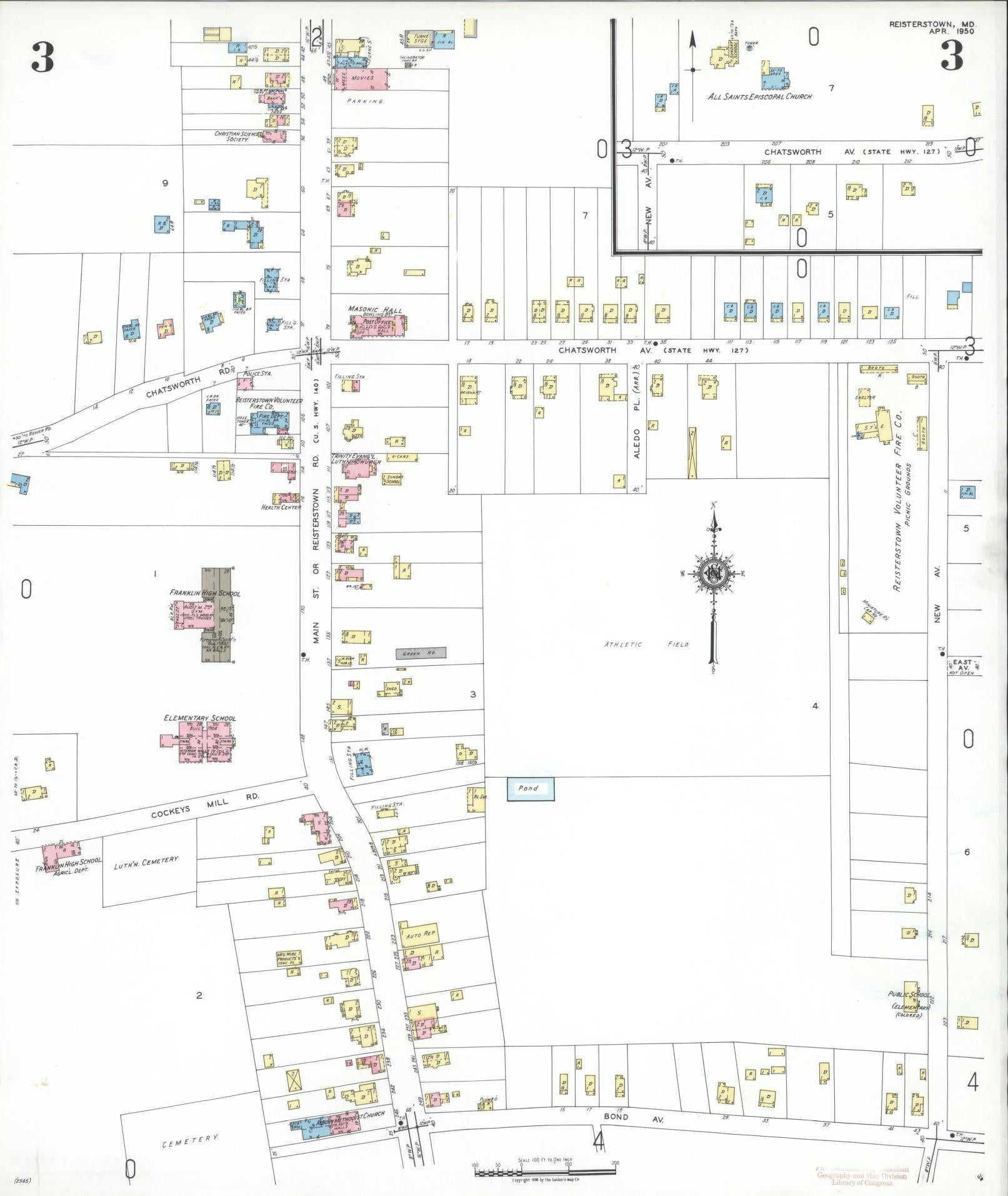 Sanborn Fire Insurance Map from Reisterstown, Baltimore County, Maryland (1950), Sheet #0003 - Historic Sanborn Fire Insurance Map Print, vintage old map wall art