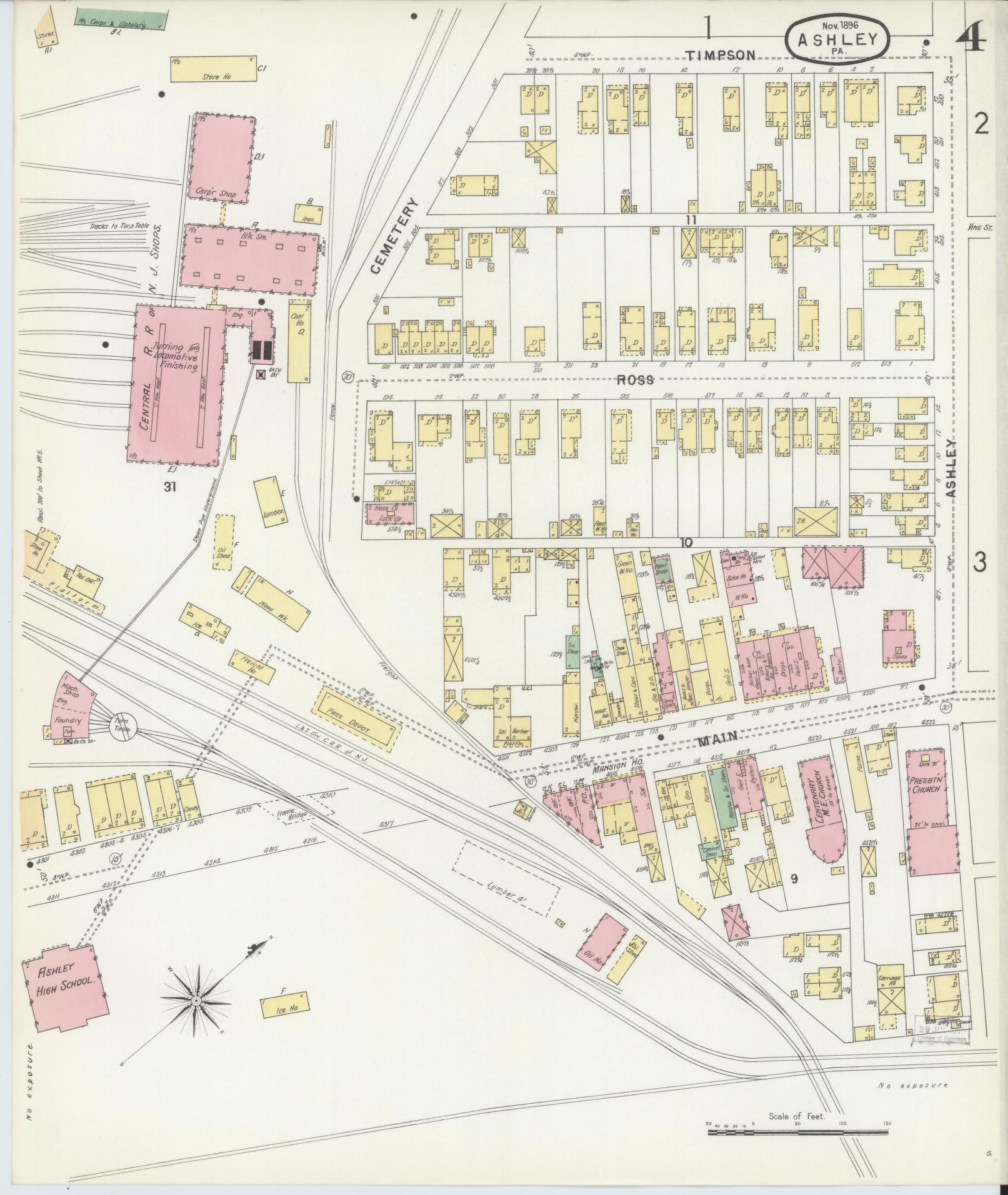 Sanborn Fire Insurance Map from Ashley, Luzerne County, Pennsylvania (1896), Sheet #0004 - Historic Sanborn Fire Insurance Map Print, vintage old map wall art, antique decor, genealogy gift, Pennsylvania Pennsylvania map