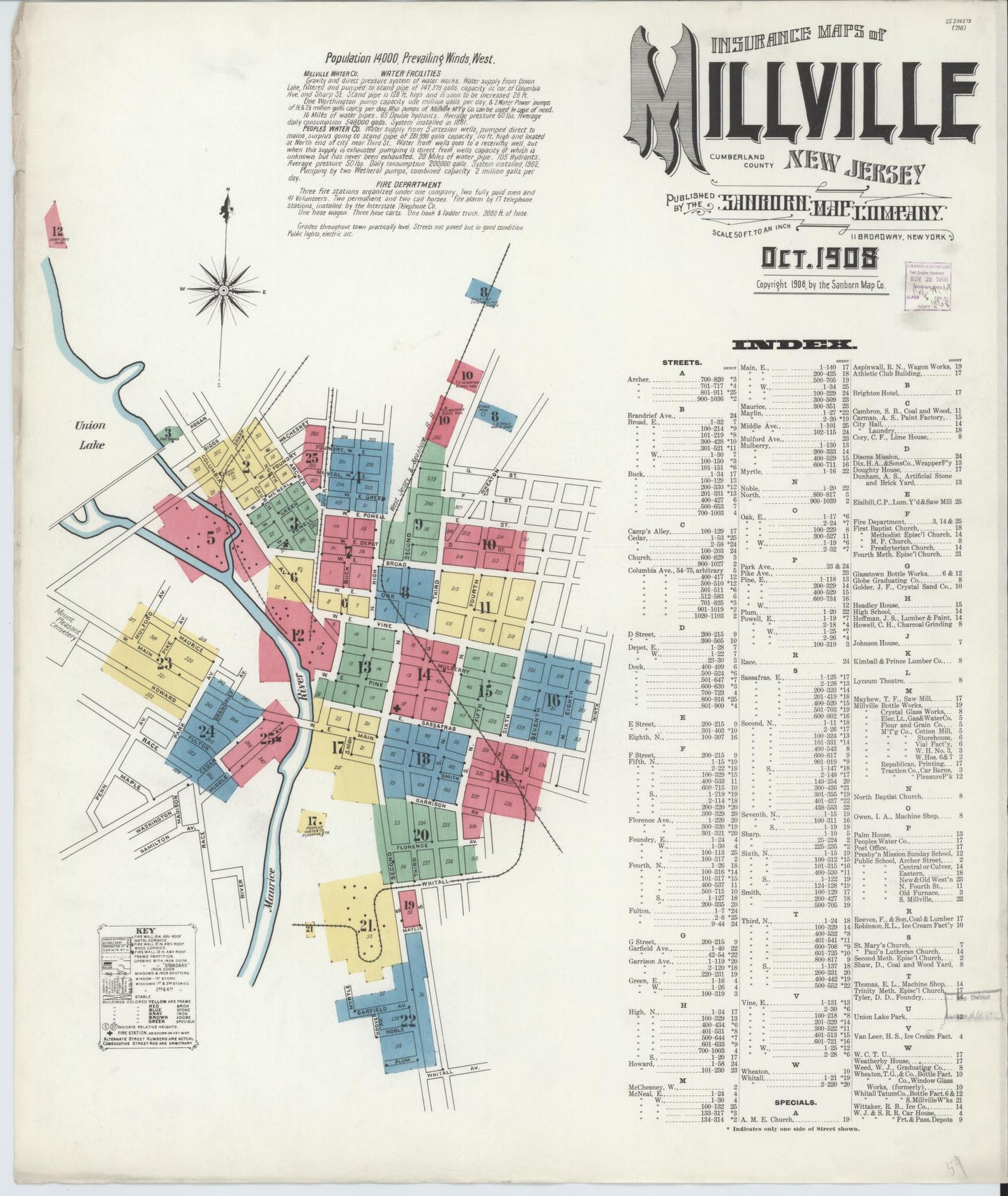 Sanborn Fire Insurance Map from Millville, Cumberland County, New Jersey. (1908) – Historic Sanborn Fire Insurance Map Print