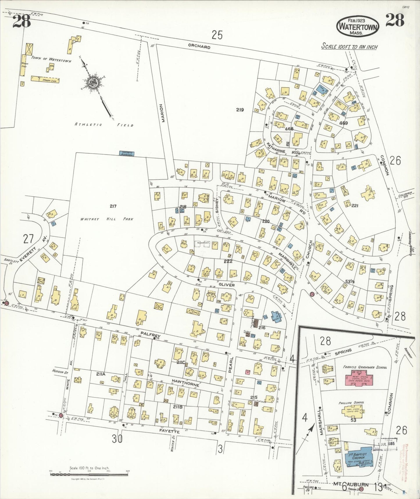 Sanborn Fire Insurance Map from Watertown, Middlesex County, Massachusetts (1923), Sheet #0028 - Complete Map Set gallery image, historic Sanborn map, vintage wall art, Massachusetts Massachusetts