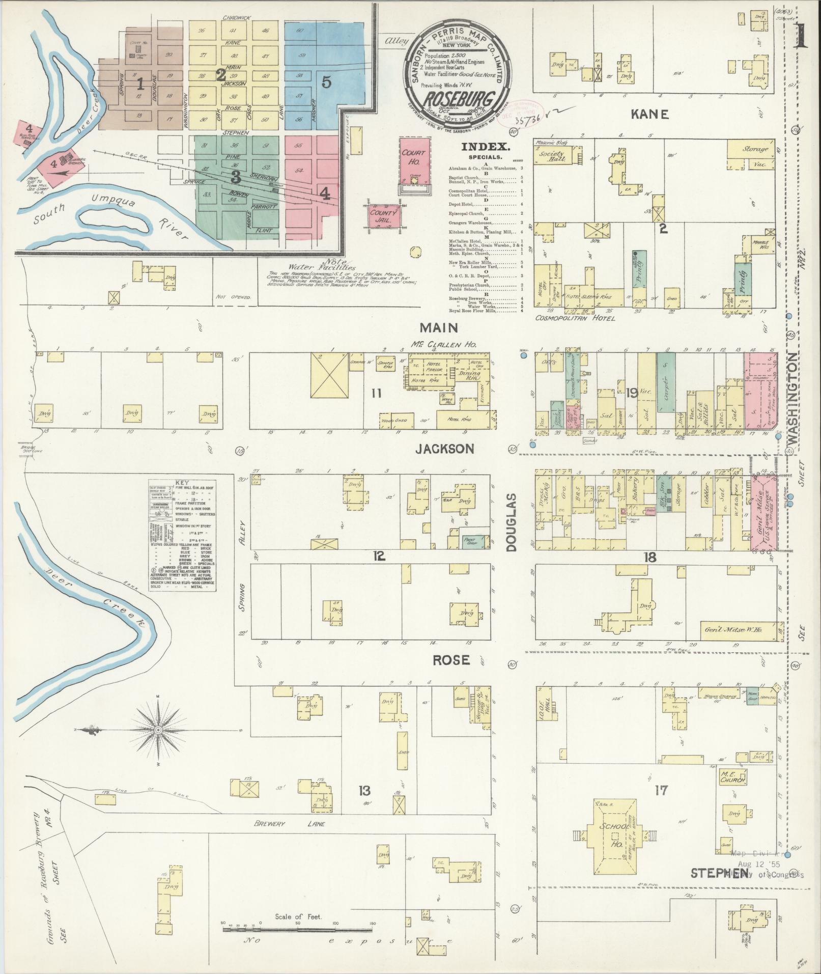 Sanborn Fire Insurance Map from Roseburg, Douglas County, Oregon. (1890) – Historic Sanborn Fire Insurance Map Print