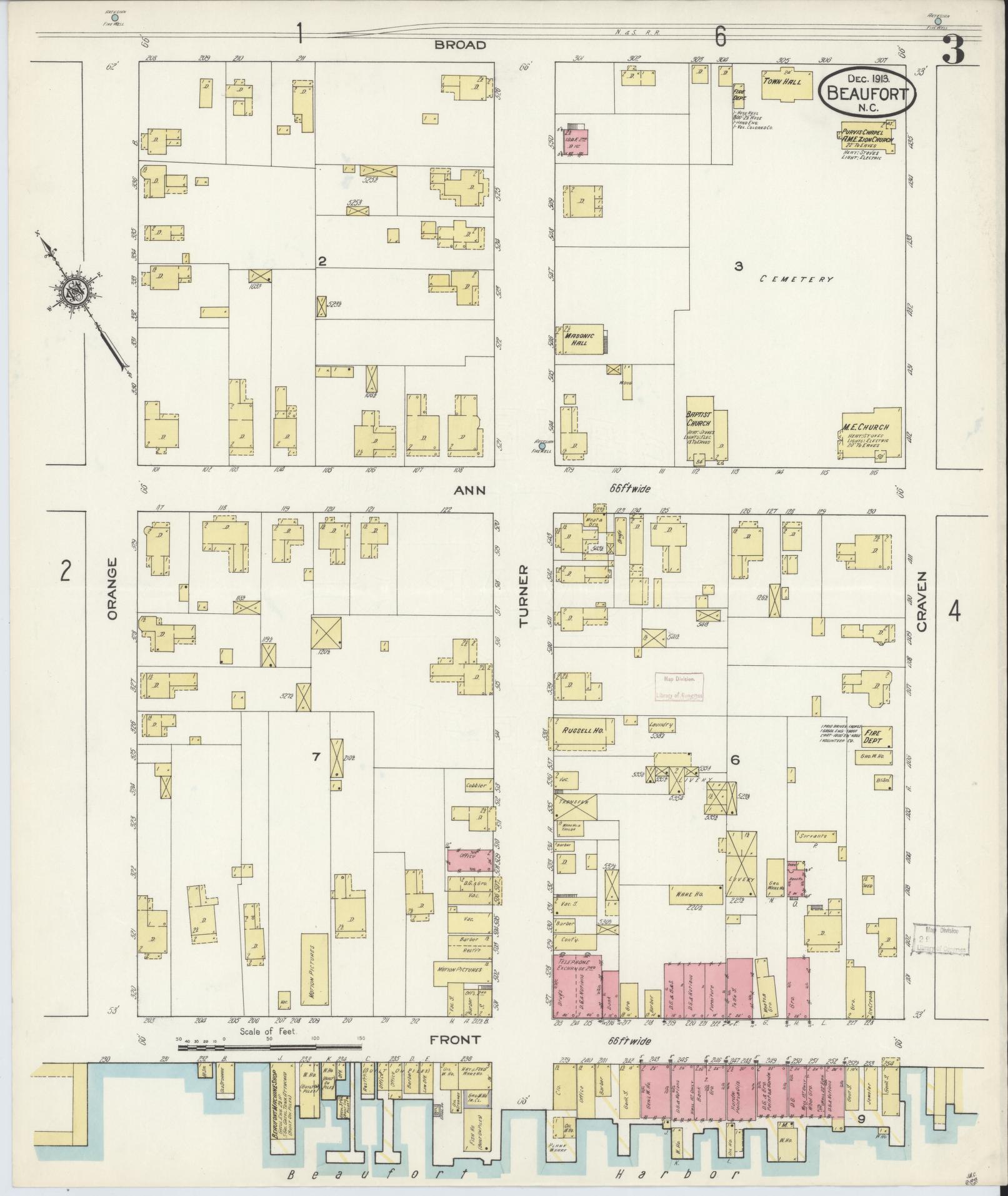 Sanborn Fire Insurance Map from Beaufort, Carteret County, North Carolina (1913), Sheet #0003 - Complete Map Set gallery image, historic Sanborn map, vintage wall art, North Carolina North Carolina