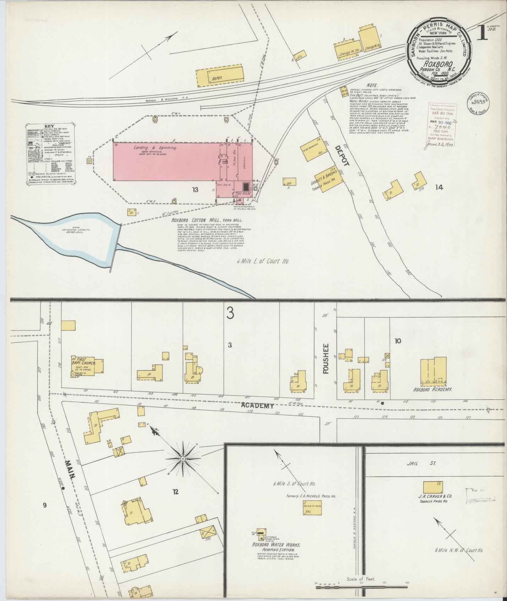 Sanborn Fire Insurance Map from Roxboro, Person County, North Carolina (1900), Sheet #0001 - Complete Map Set gallery image, historic Sanborn map, vintage wall art, North Carolina North Carolina