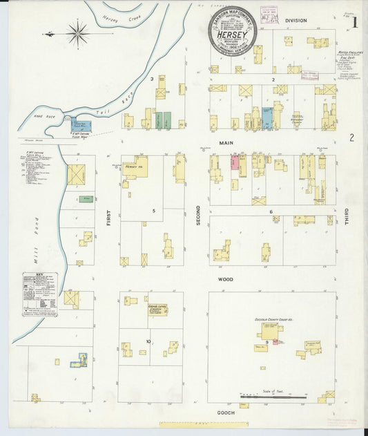 Sanborn Fire Insurance Map from Hersey, Osceola County, Michigan (1908), Sheet #0001 - Complete Map Set gallery image, historic Sanborn map, vintage wall art, Michigan Michigan