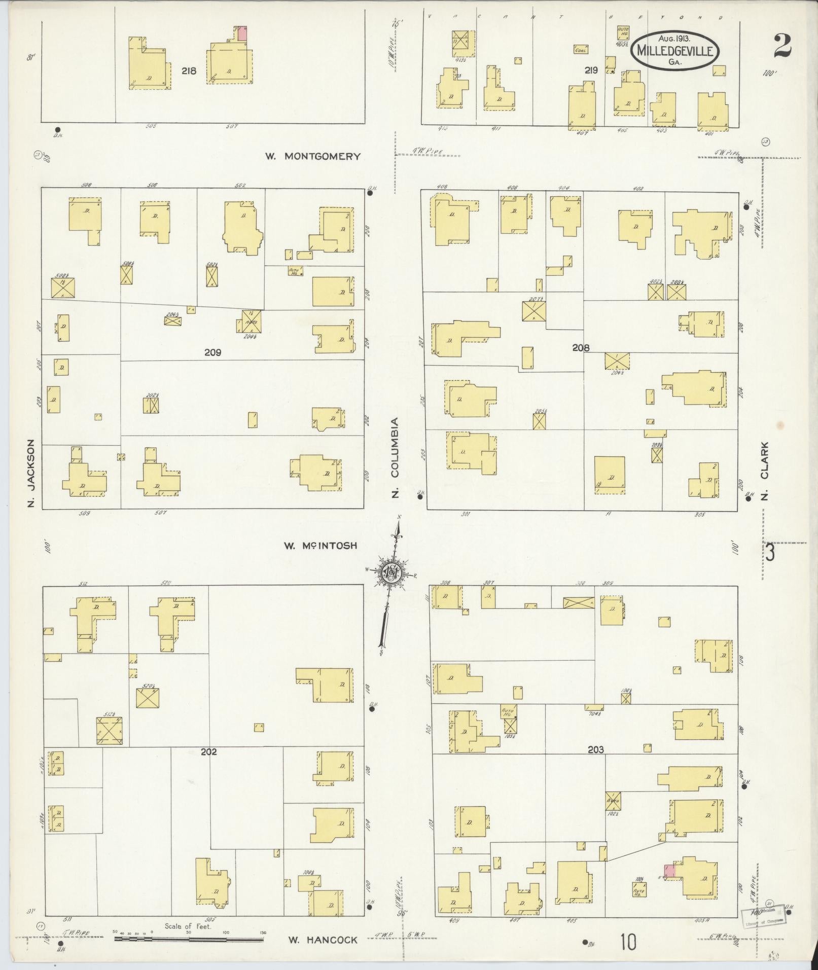 Sanborn Fire Insurance Map from Milledgeville, Baldwin County, Georgia (1913), Sheet #0002 - Historic Sanborn Fire Insurance Map Print, vintage old map wall art, antique decor, genealogy gift, Georgia Georgia map