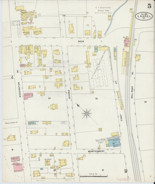 Sanborn Fire Insurance Map from Laurel, Prince Georges County, Maryland (1897), Sheet #0005 - Historic Sanborn Fire Insurance Map Print, vintage old map wall art