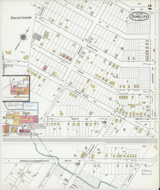 Sanborn Fire Insurance Map from Dunellen, Middlesex County, New Jersey (1919), Sheet #0002 - Historic Sanborn Fire Insurance Map Print, vintage old map wall art, antique decor, genealogy gift, New Jersey New Jersey map