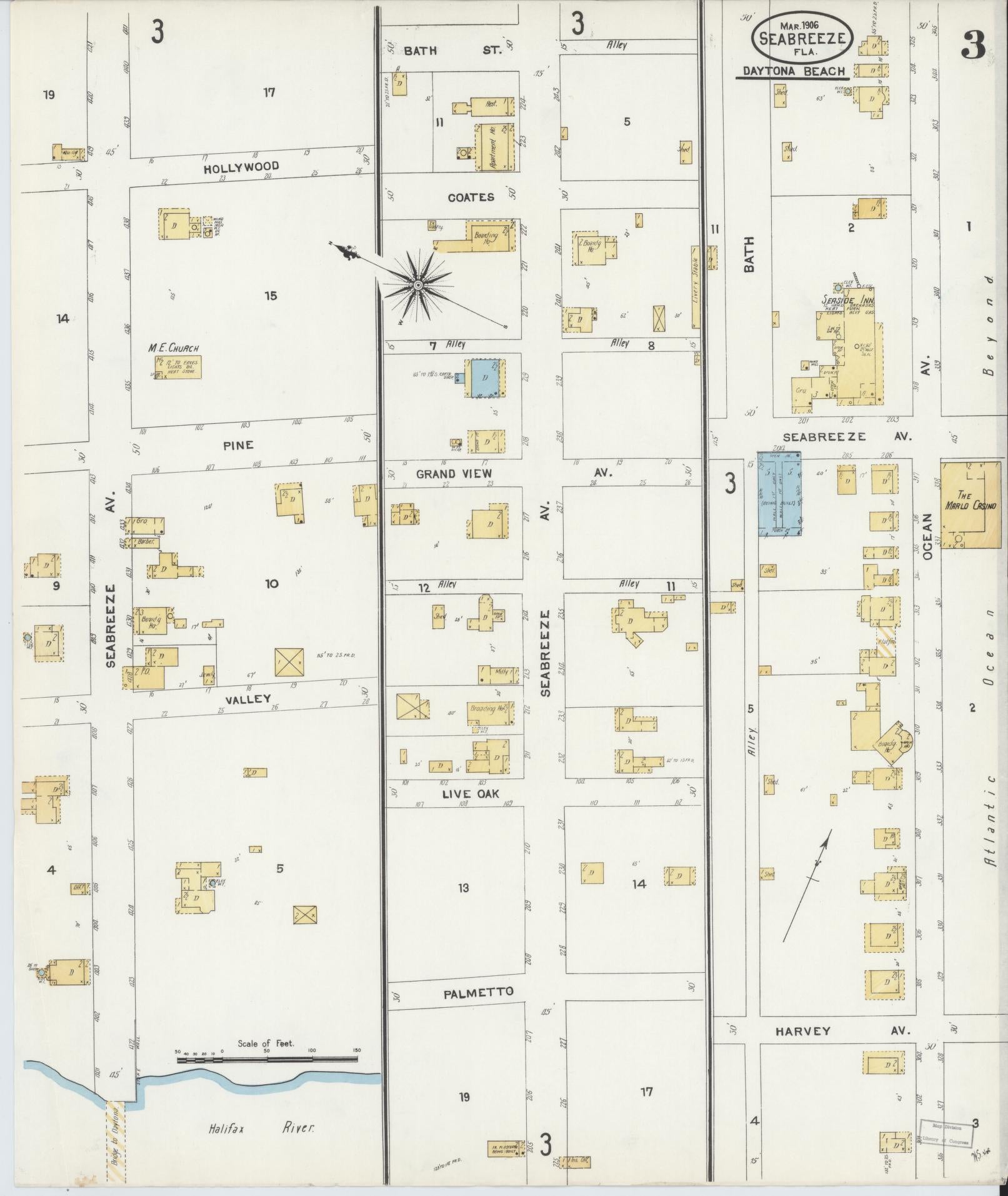 Sanborn Fire Insurance Map from Seabreeze, Volusia County, Florida (1906), Sheet #0003 - Complete Map Set gallery image, historic Sanborn map, vintage wall art, Florida Florida
