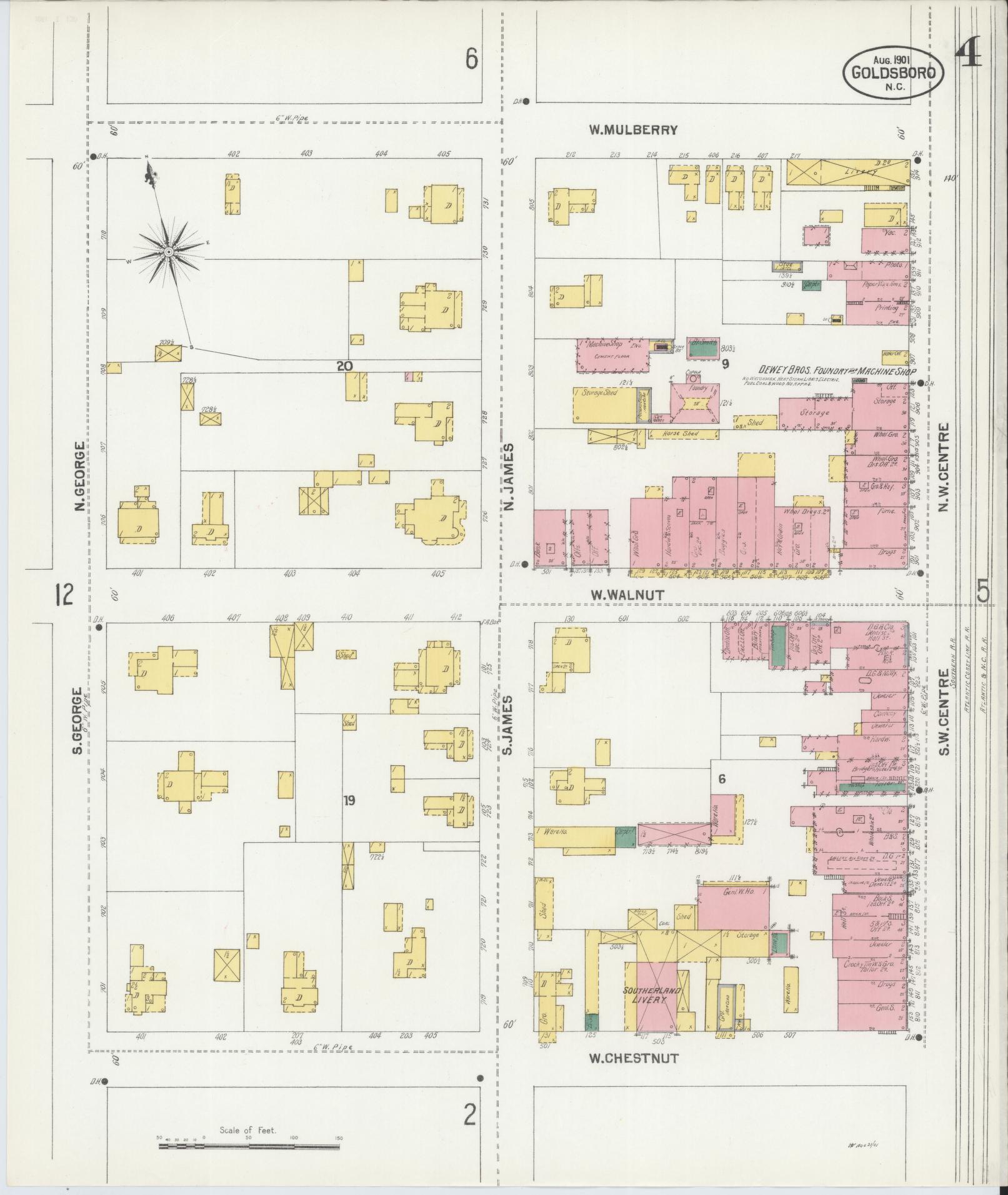 Sanborn Fire Insurance Map from Goldsboro, Wayne County, North Carolina (1901), Sheet #0004 - Complete Map Set gallery image, historic Sanborn map, vintage wall art, North Carolina North Carolina