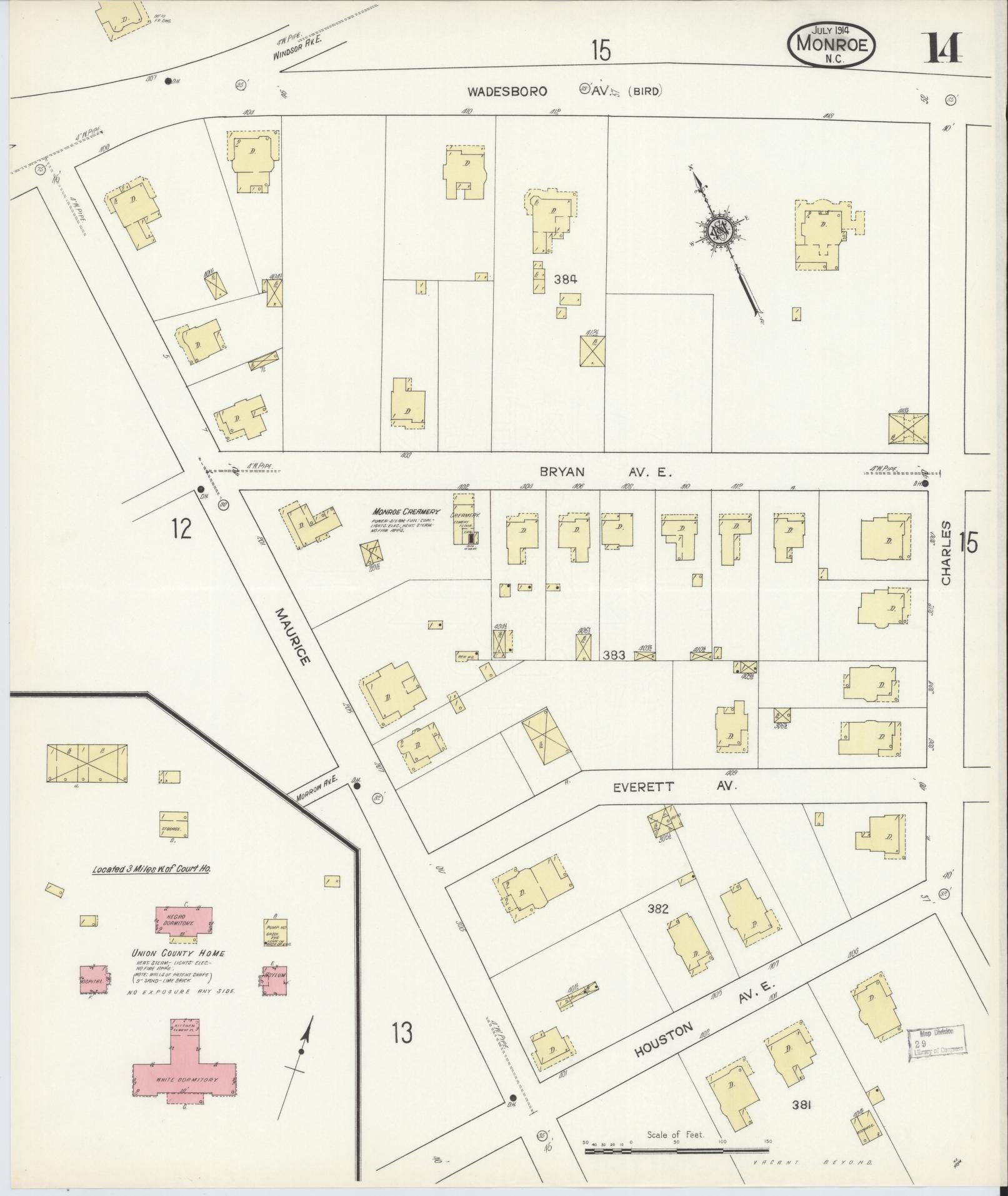 Sanborn Fire Insurance Map from Monroe, Union County, North Carolina (1914), Sheet #0014 - Complete Map Set gallery image, historic Sanborn map, vintage wall art, North Carolina North Carolina