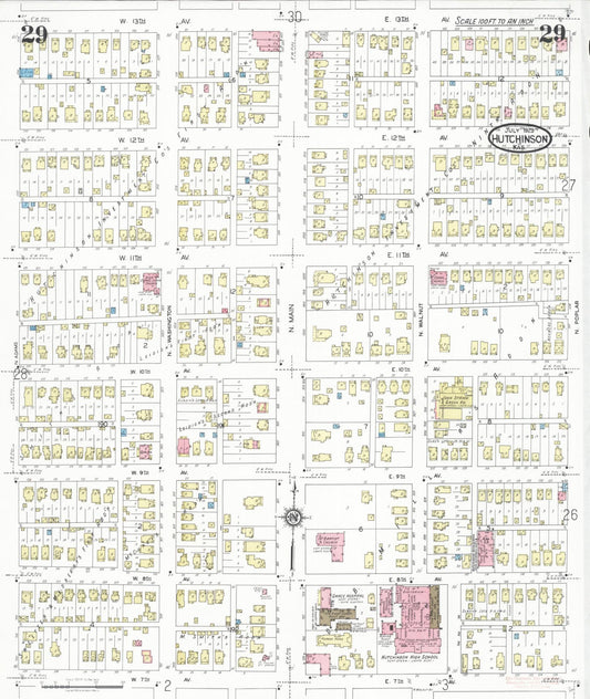 Sanborn Fire Insurance Map from Hutchinson, Reno County, Kansas (1929), Sheet #0030 - Historic Sanborn Fire Insurance Map Print, vintage old map wall art, antique decor, genealogy gift, Kansas Kansas map