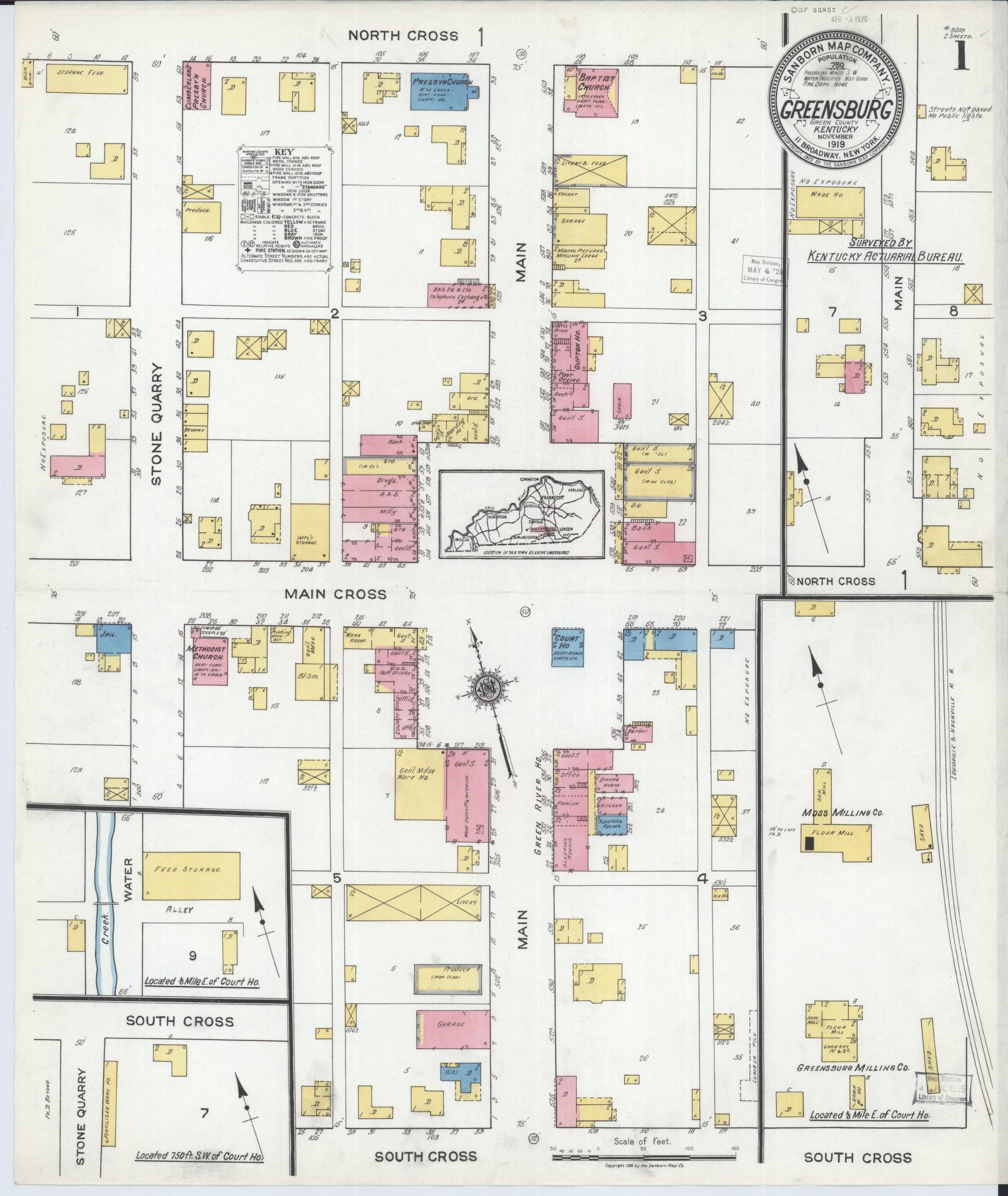 Sanborn Fire Insurance Map from Greensburg, Green County, Kentucky (1919), Sheet #0001 - Complete Map Set gallery image, historic Sanborn map, vintage wall art, Kentucky Kentucky