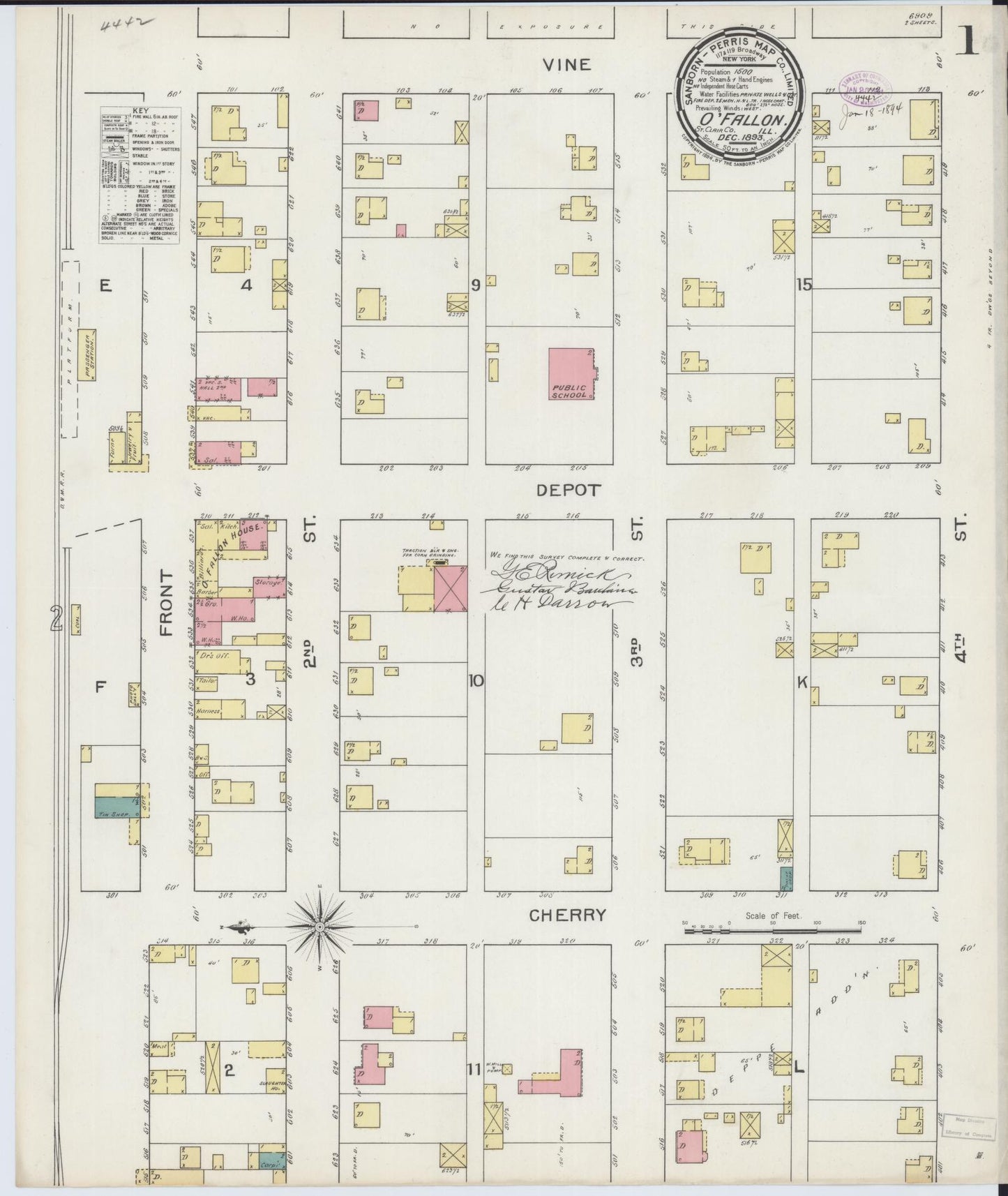Sanborn Fire Insurance Map from O'Fallon, Saint Clair County, Illinois (1893), Sheet #0001 - Historic Sanborn Fire Insurance Map Print, vintage old map wall art, antique decor, genealogy gift, Illinois Illinois map